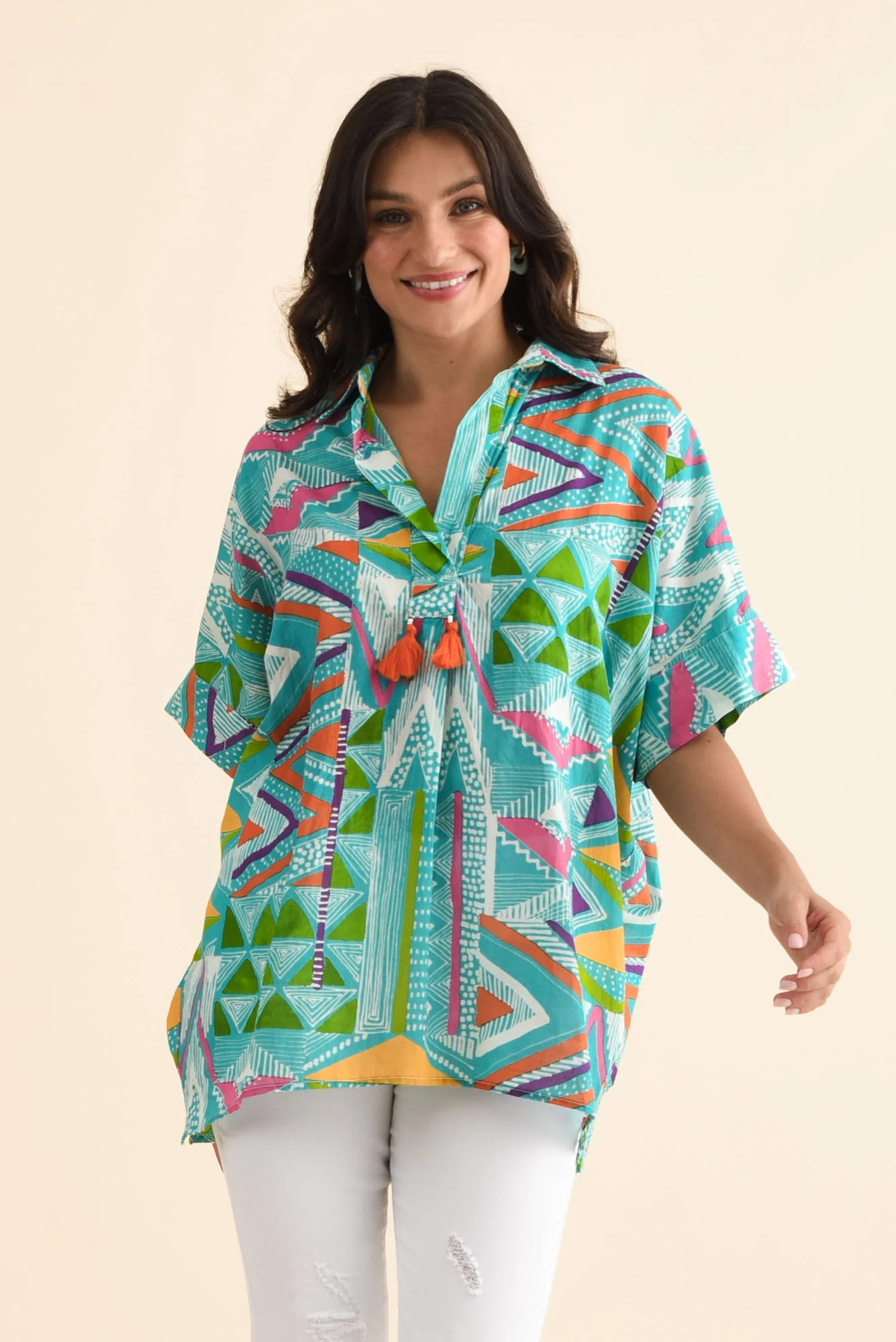 Julie Aqua Abstract Cotton Tassel Top