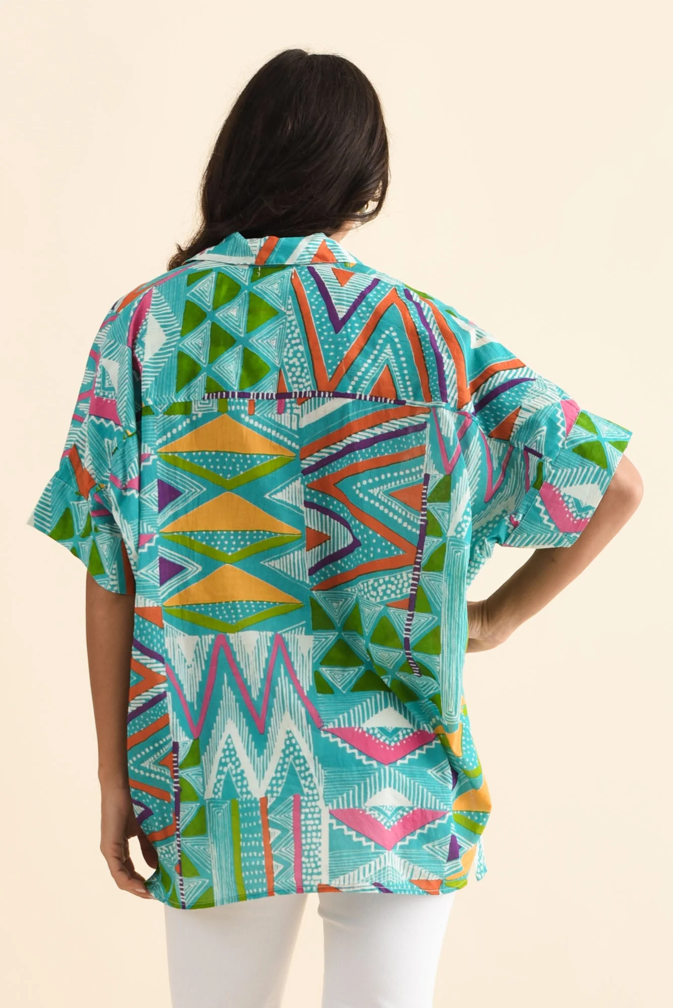 Julie Aqua Abstract Cotton Tassel Top - Image 4