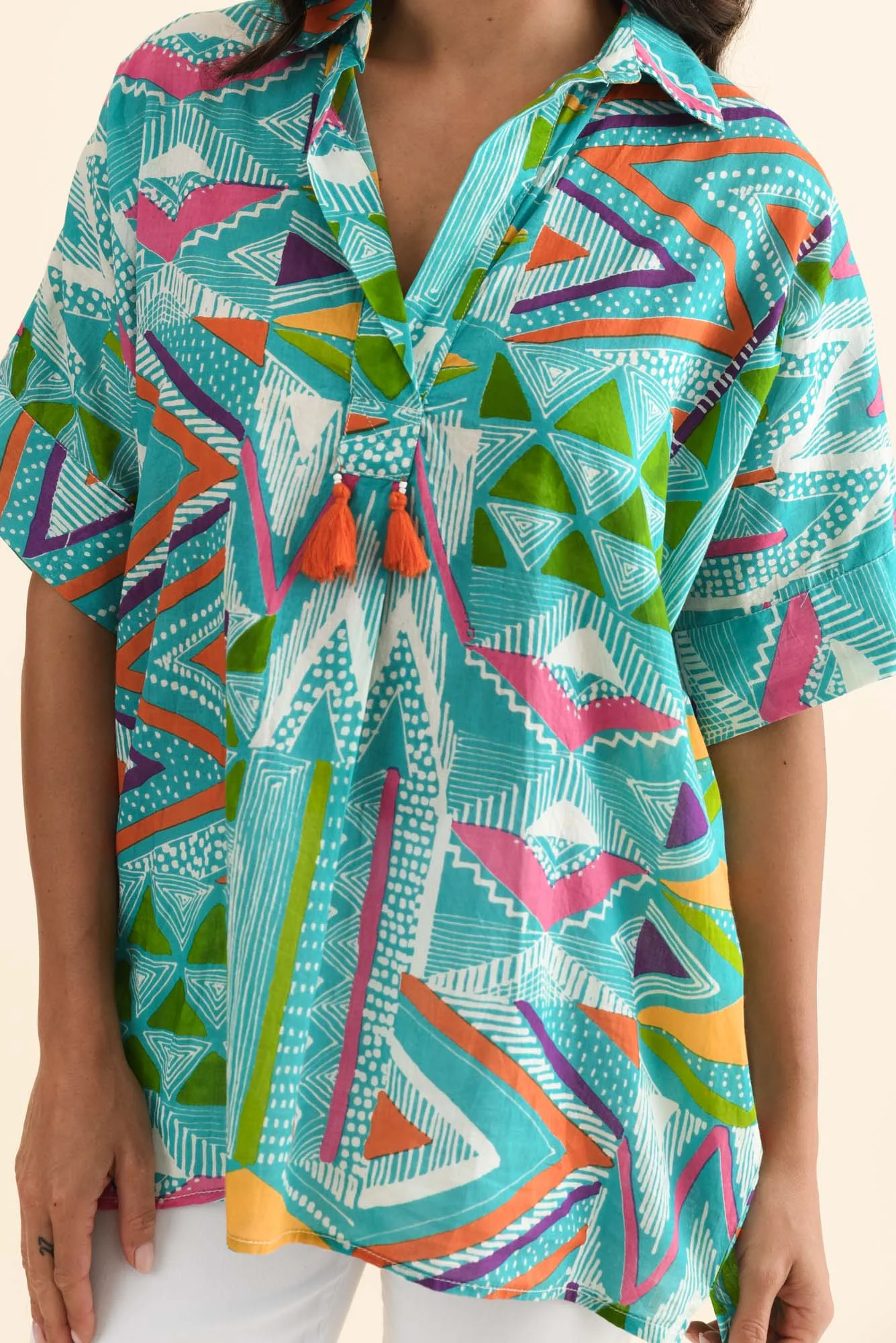 Julie Aqua Abstract Cotton Tassel Top - Image 5