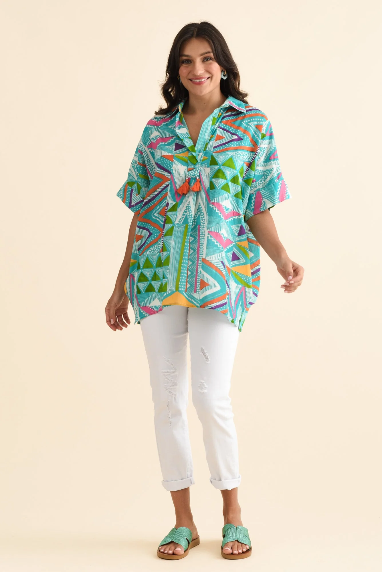 Julie Aqua Abstract Cotton Tassel Top - Image 6