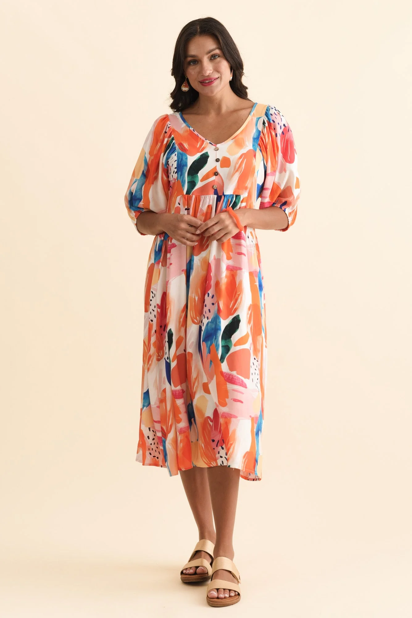 Kacey Orange Abstract Button Dress - Image 3