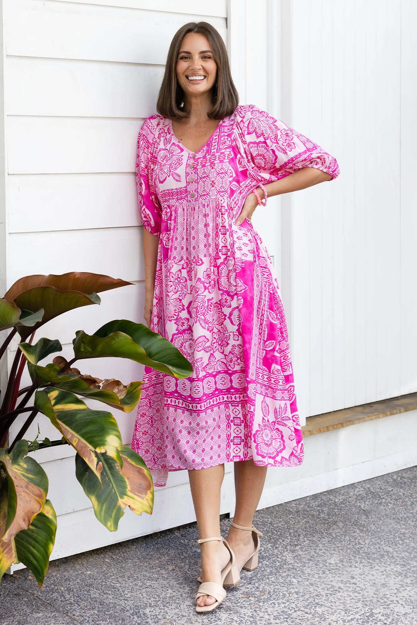 Kacey Pink Tile Button Dress