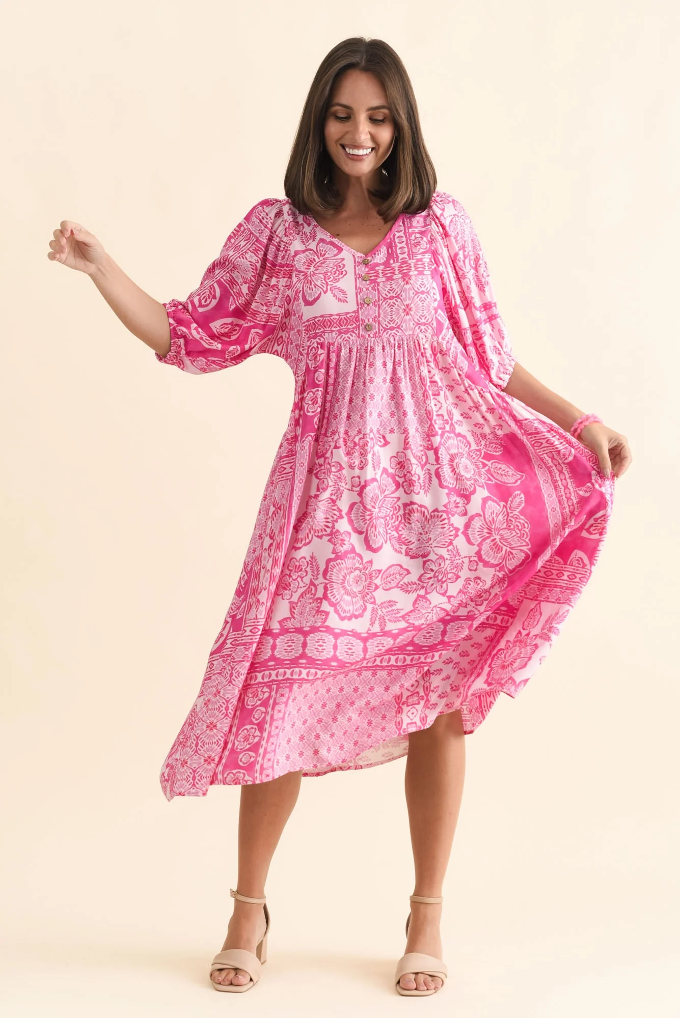 Kacey Pink Tile Button Dress - Image 3
