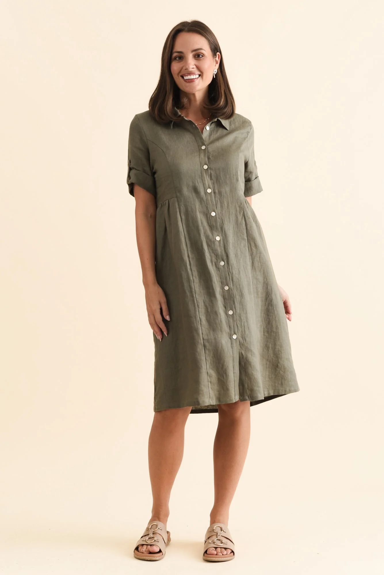 Katy Olive Linen Pocket Dress - Image 2