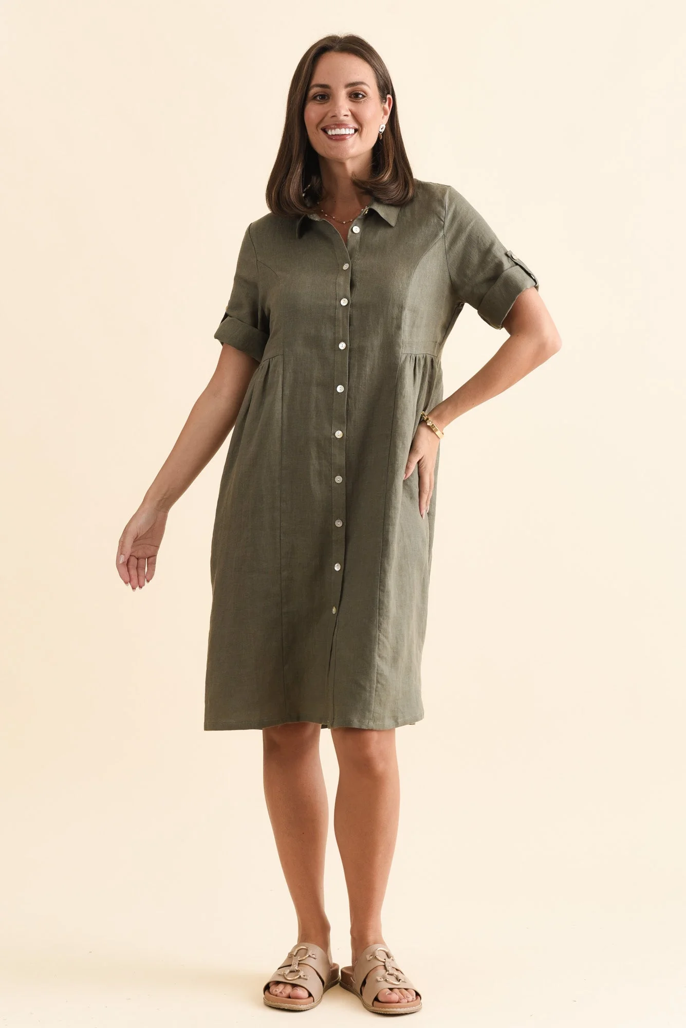 Katy Olive Linen Pocket Dress - Image 3