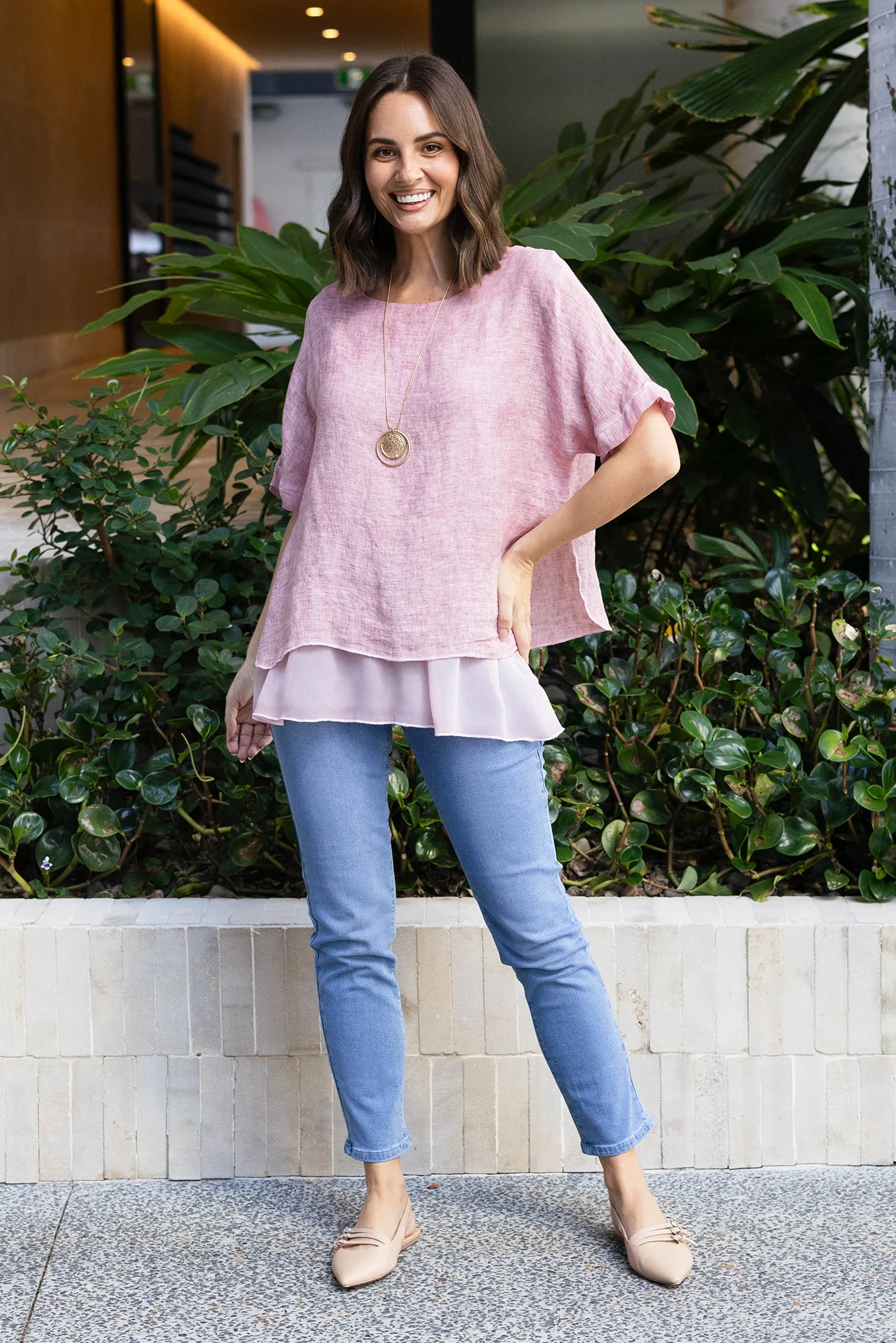 Kayla Pink Linen Layered Top