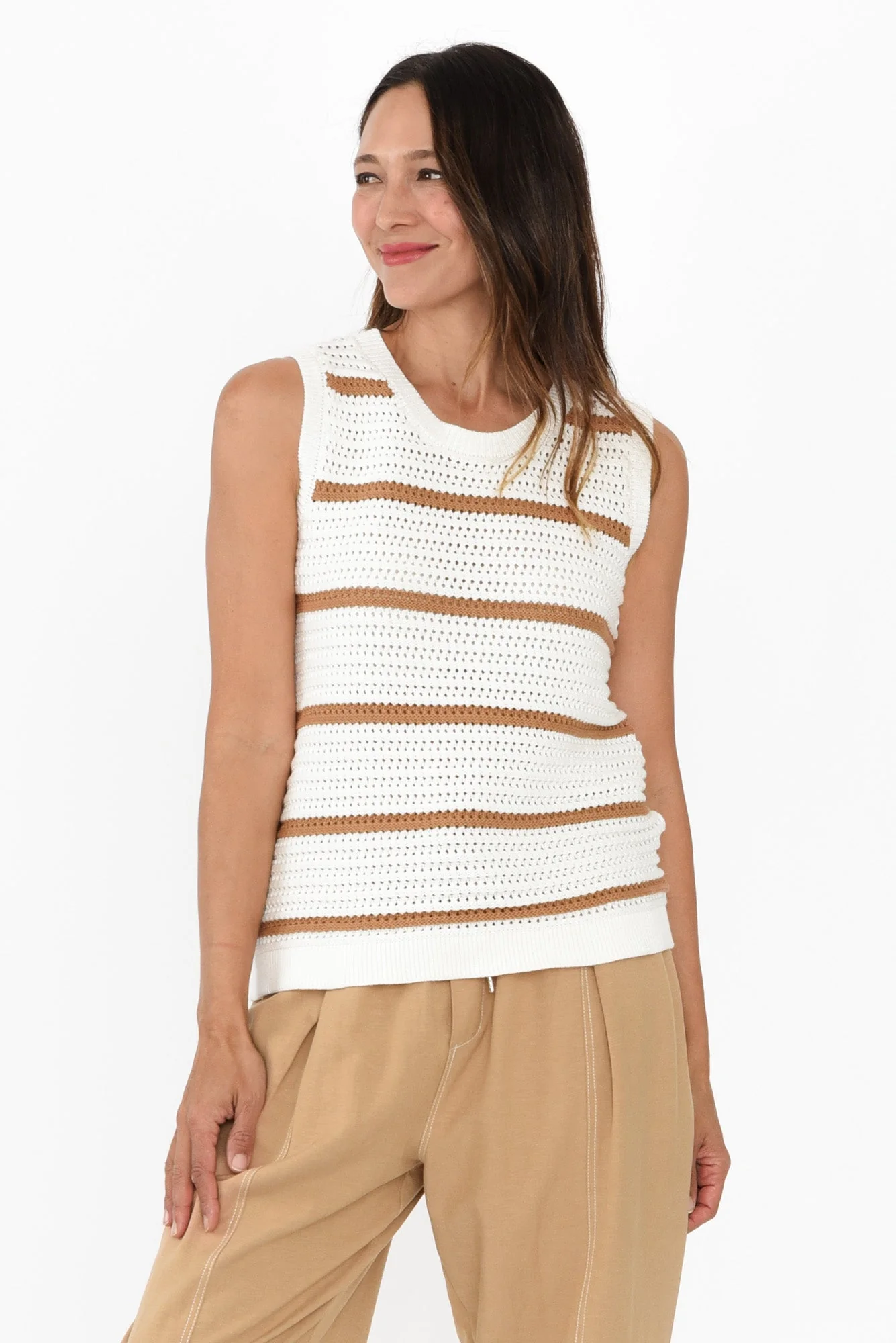 Kenali White Stripe Cotton Knit Tank