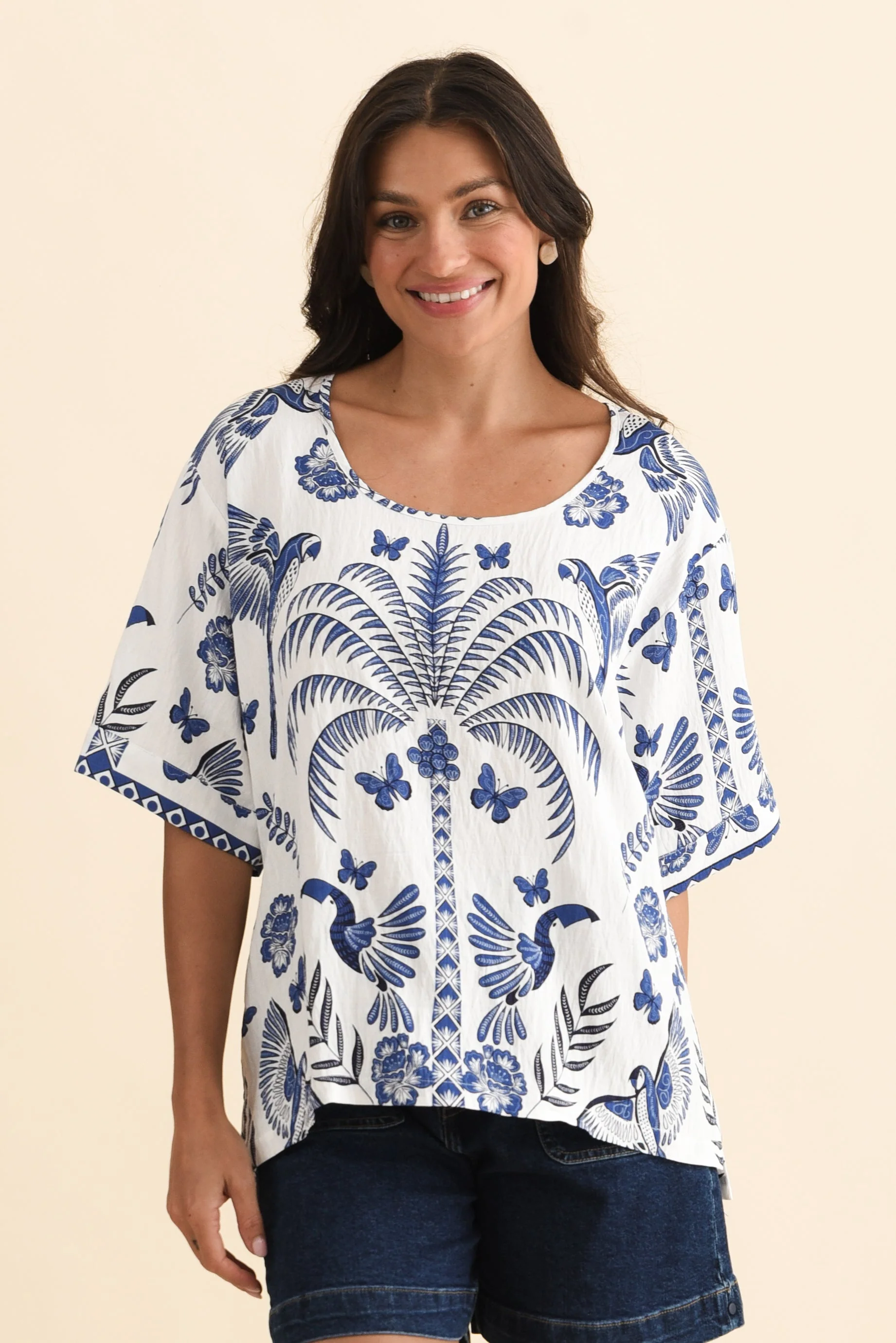 Kendria Blue Palm Batwing Top