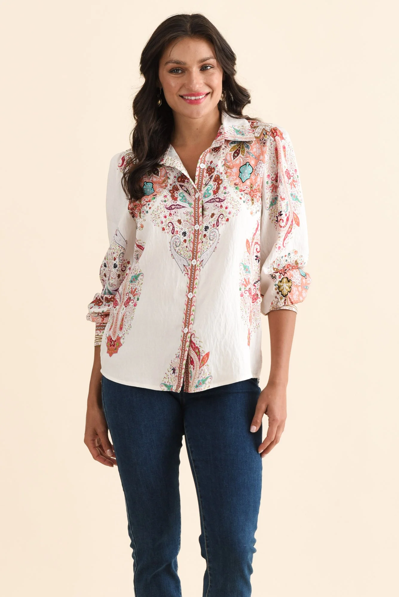 Kiera White Paisley Cotton Linen Shirt