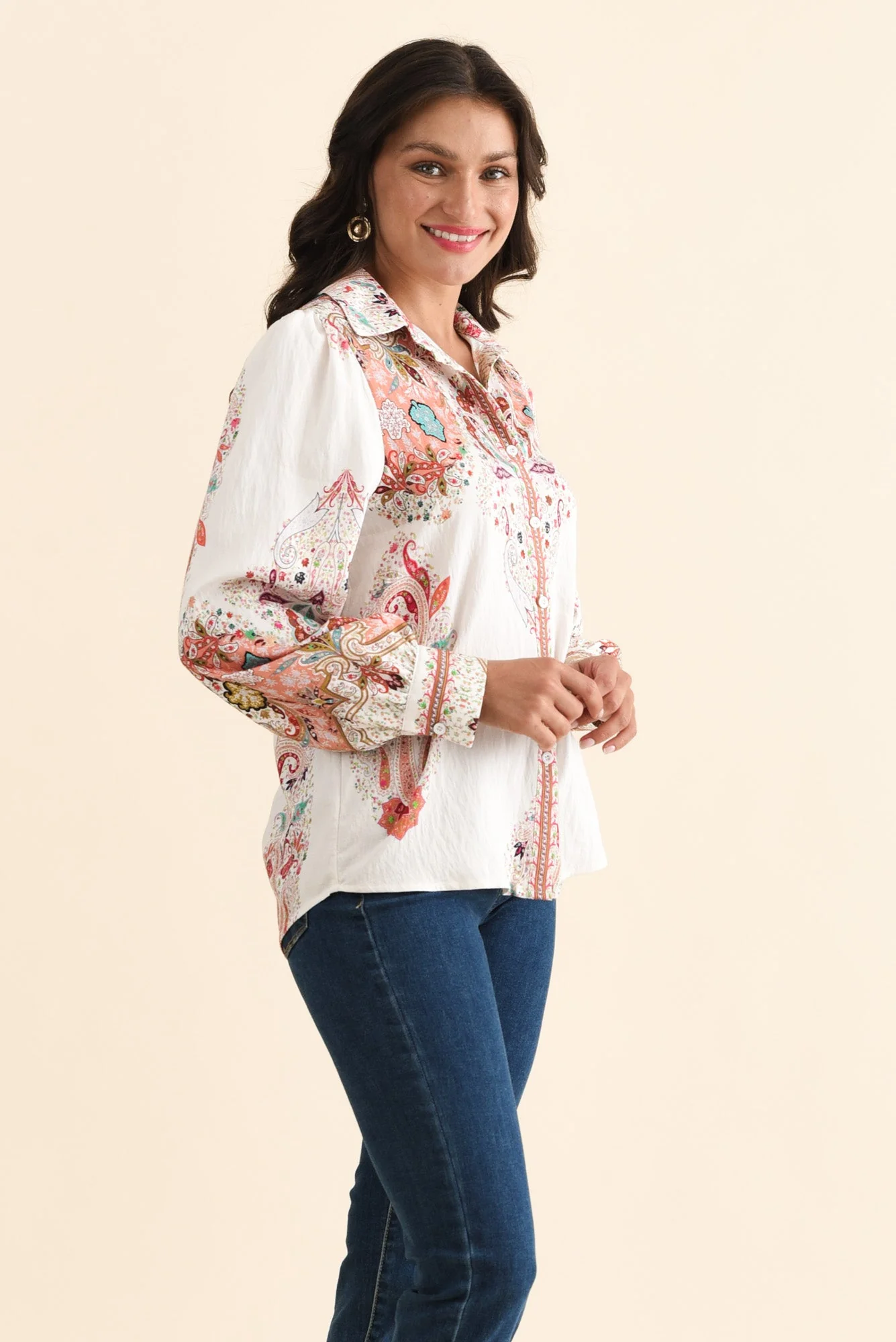 Kiera White Paisley Cotton Linen Shirt - Image 3