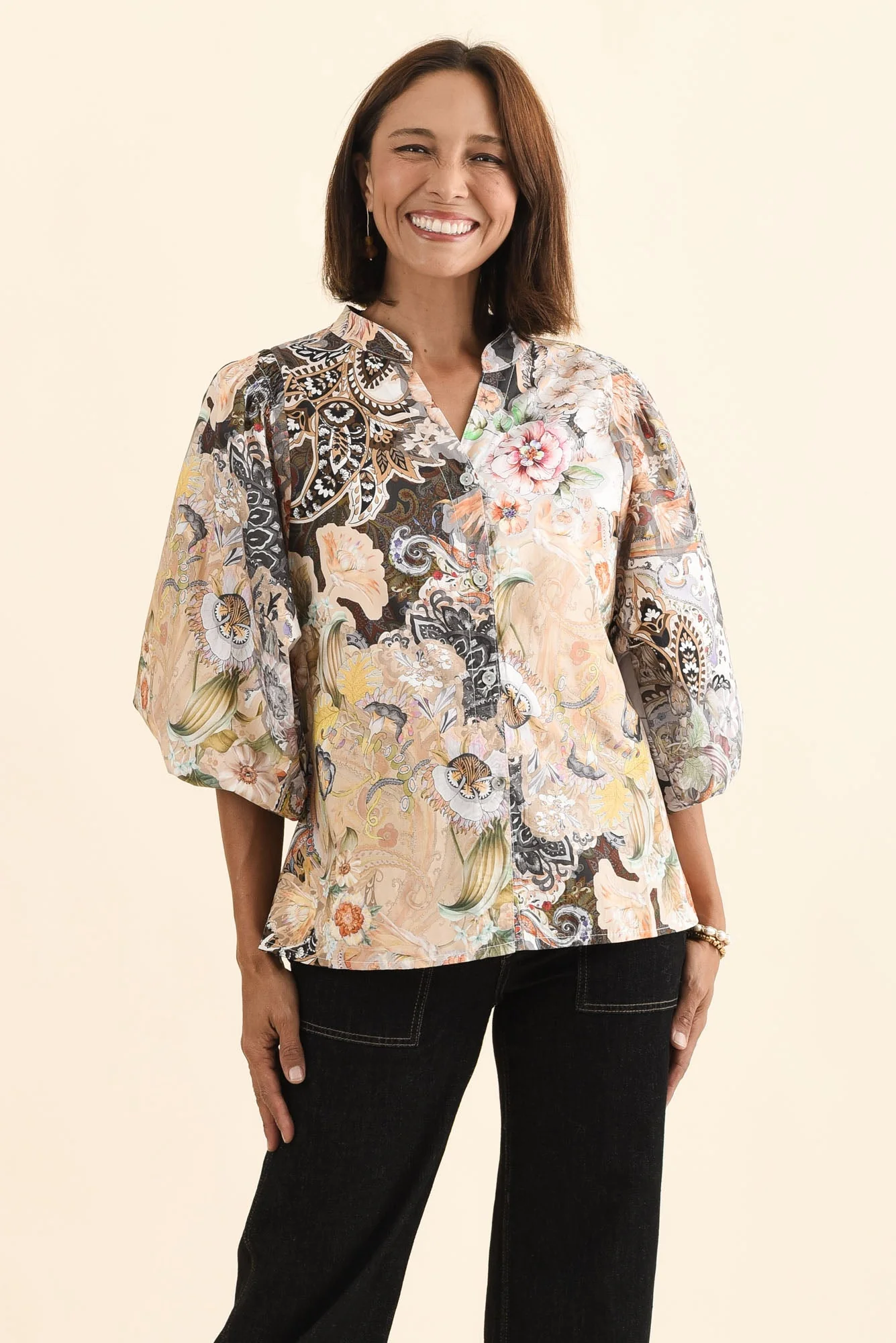 Lang Cream Floral Cotton Blouse