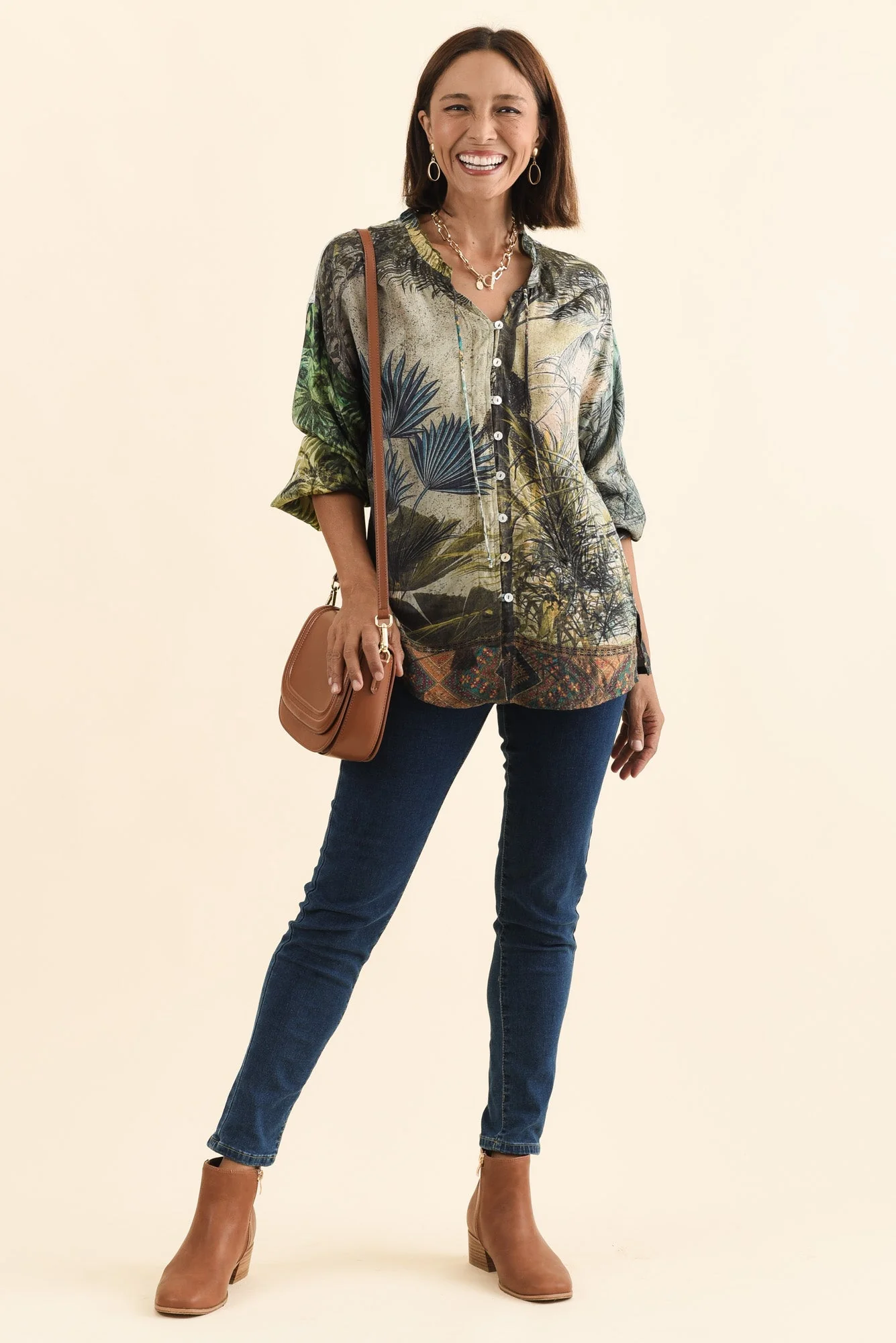 Laria Green Tropical Button Top - Image 3