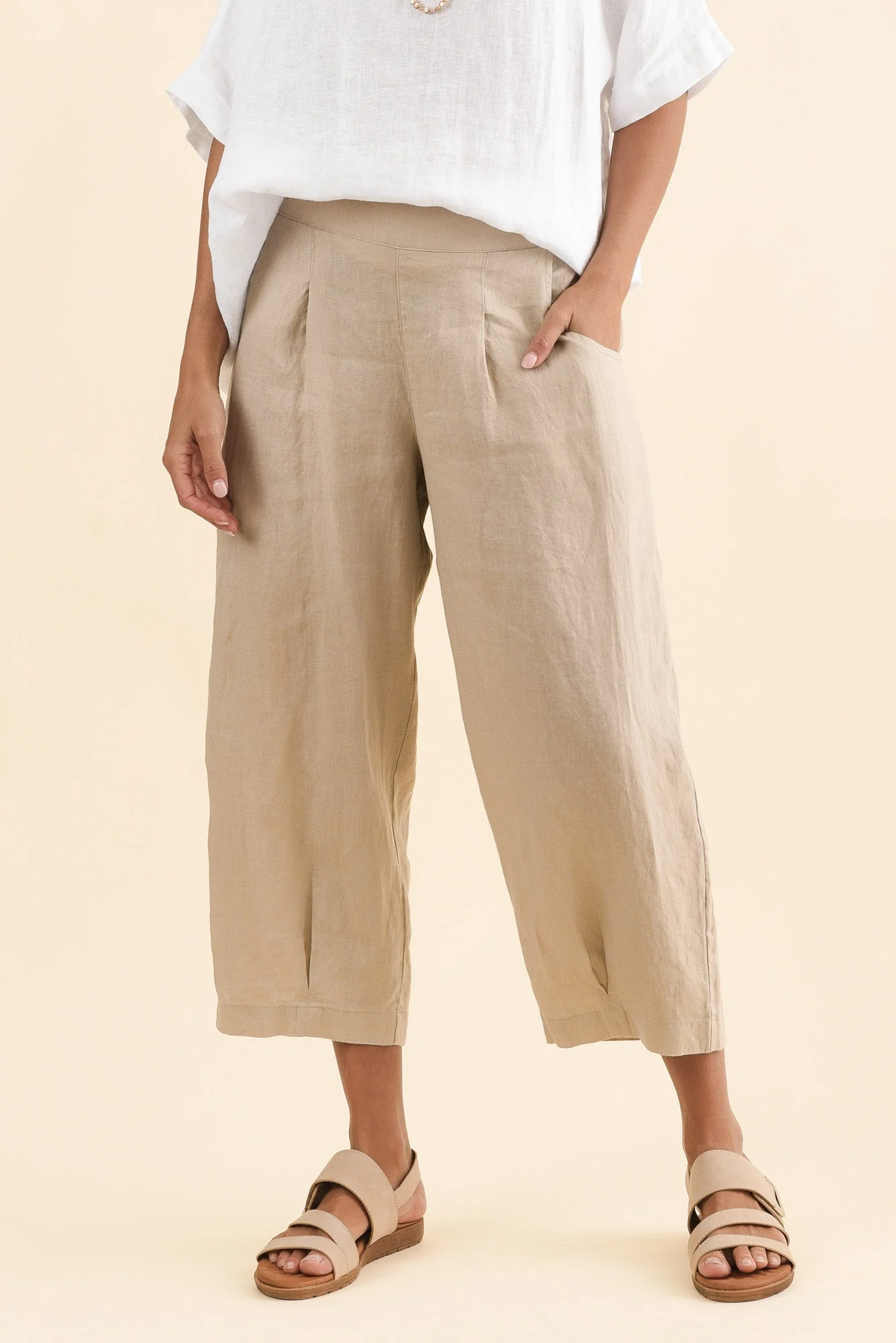 Lassie Beige Linen Barrel Pants