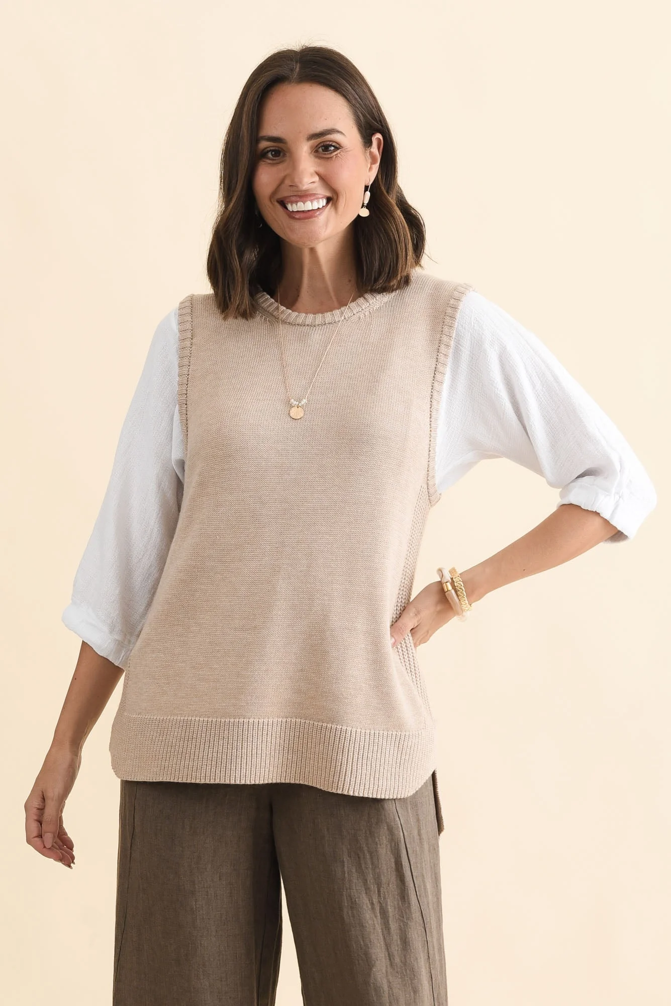 Laurell Beige Knit Crewneck Vest