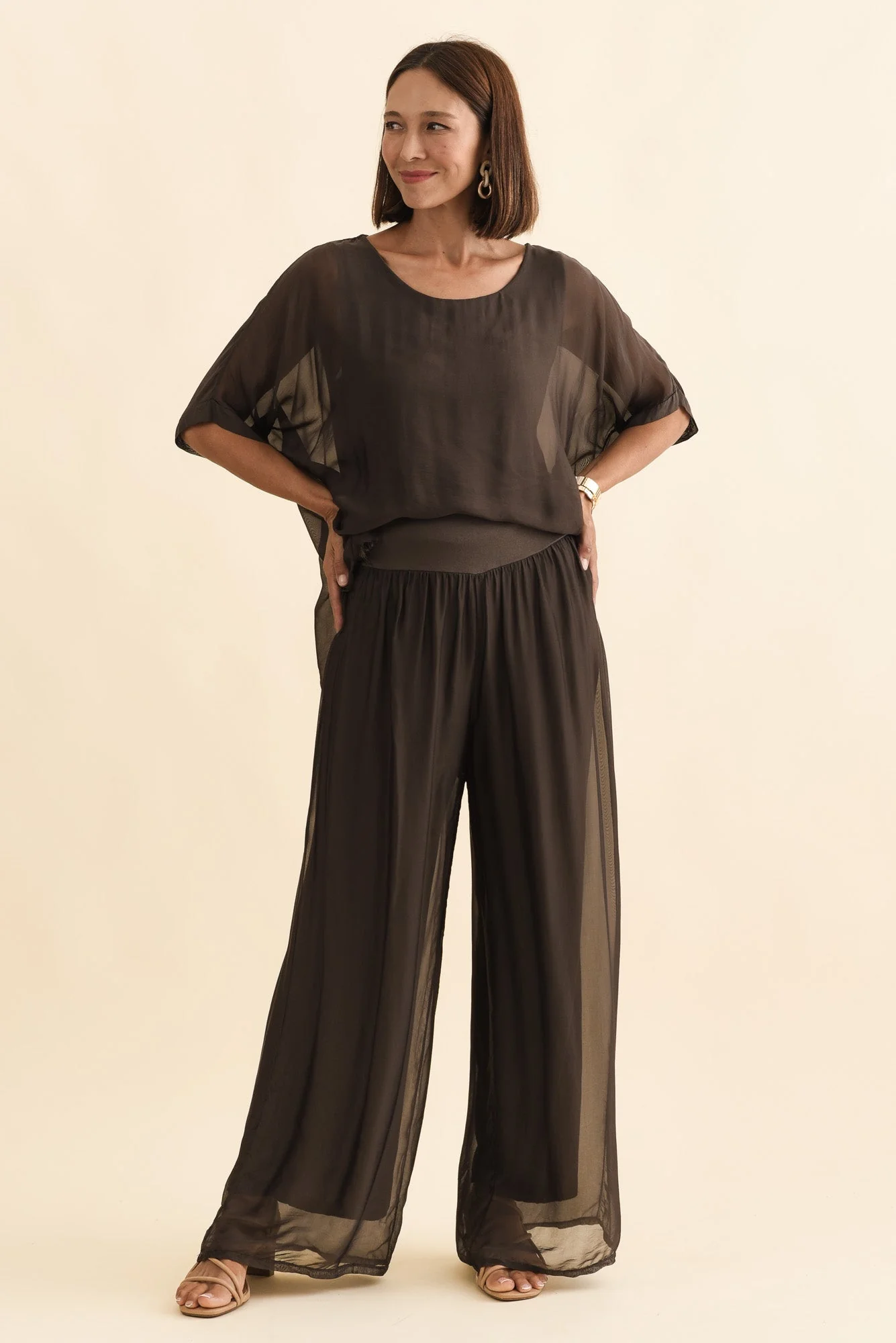 Laurier Chocolate Silk Wide Leg Pants - Image 2