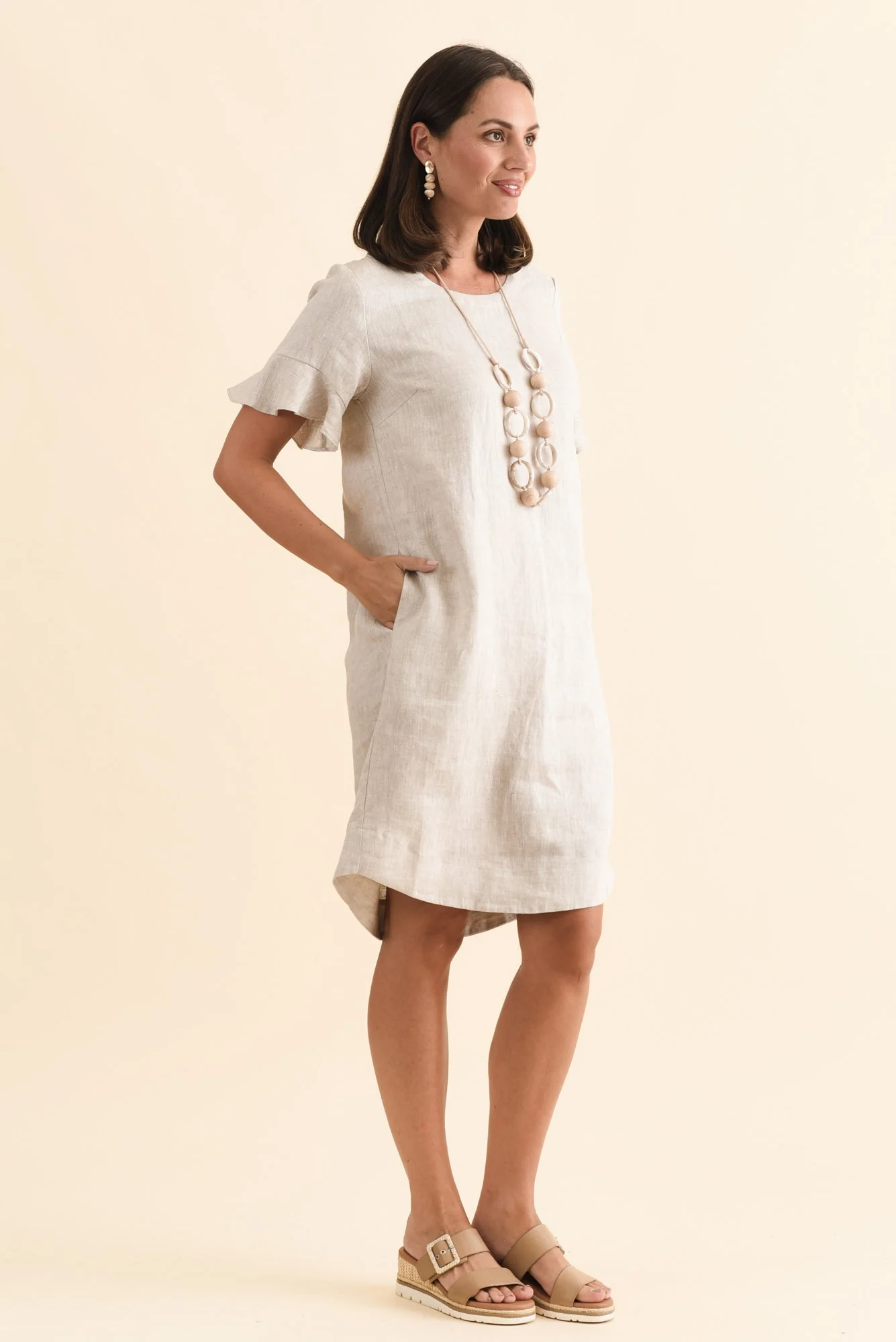 Lesley Beige Linen Flutter Sleeve Dress - Image 4