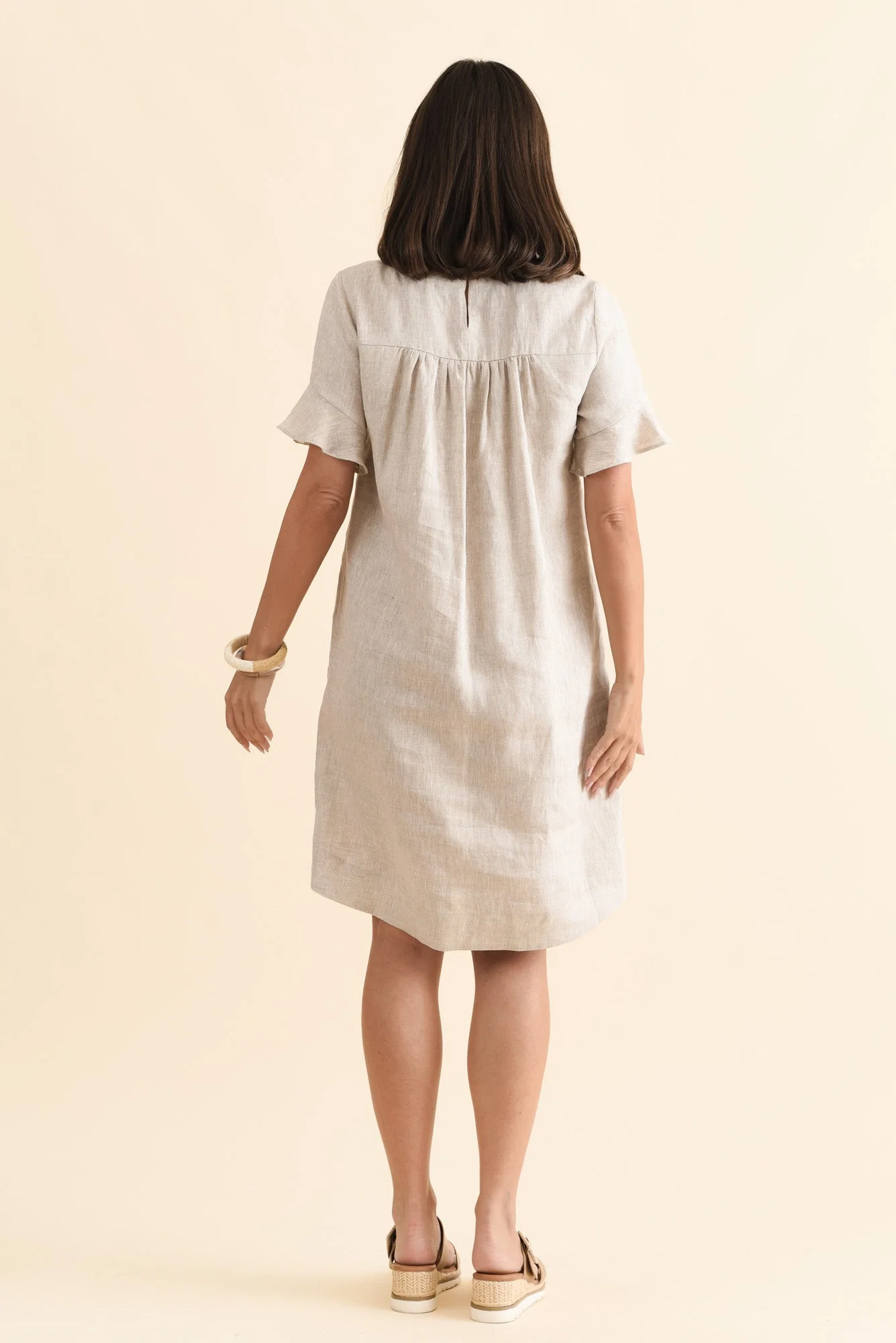 Lesley Beige Linen Flutter Sleeve Dress - Image 5