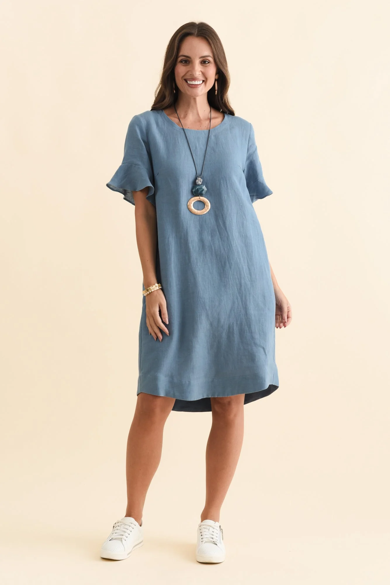 Lesley Blue Linen Flutter Sleeve Dress