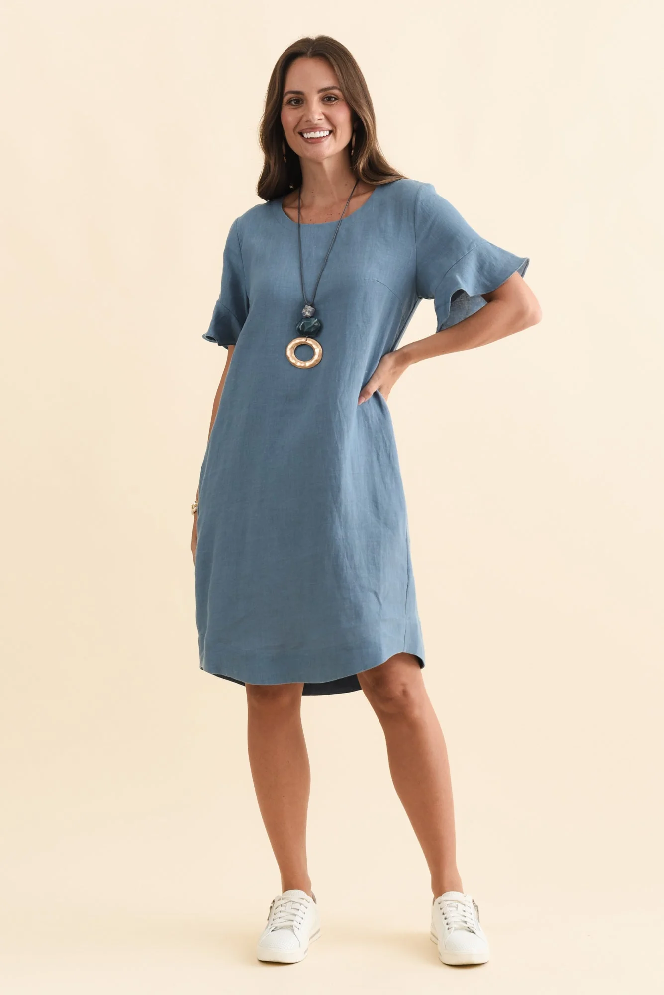 Lesley Blue Linen Flutter Sleeve Dress - Image 6