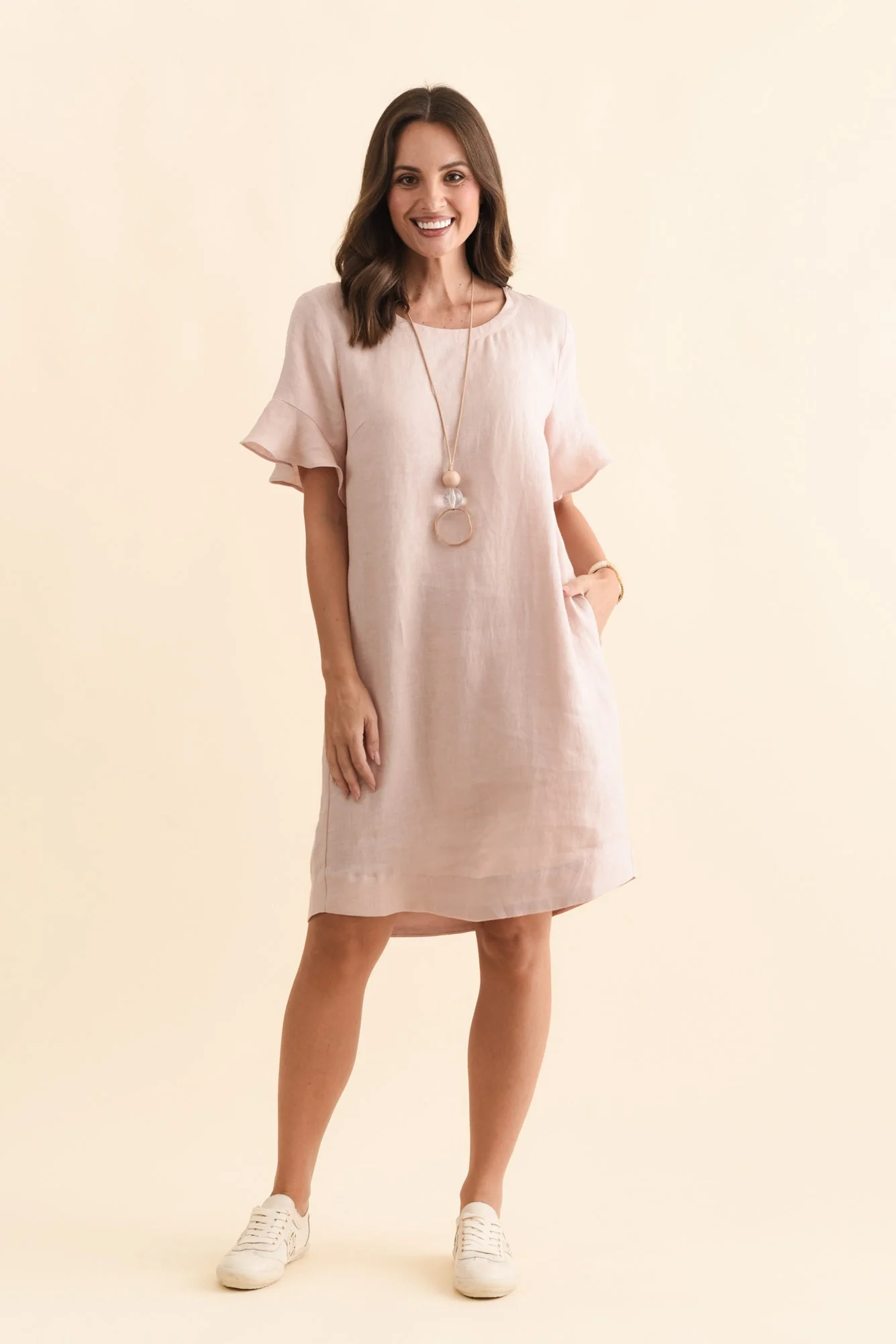 Lesley Blush Linen Flutter Sleeve Dress - Image 2