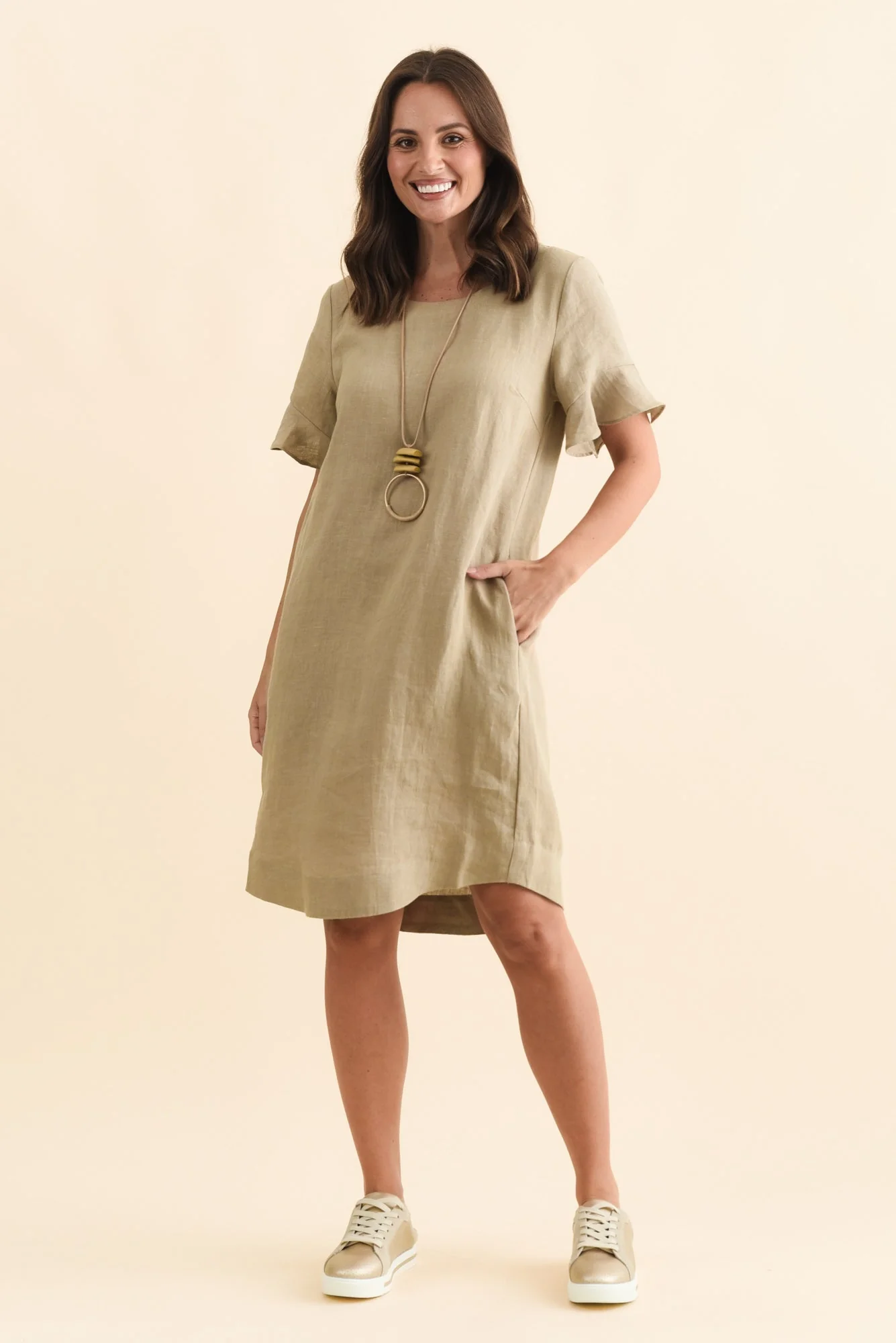 Lesley Taupe Linen Flutter Sleeve Dress