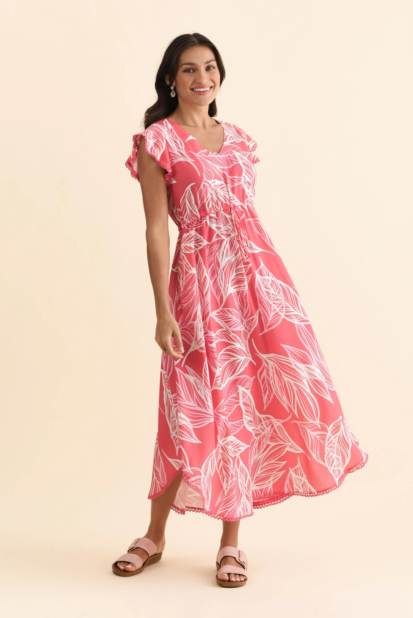 Libby Pink Leaf Midi Dress - Image 2