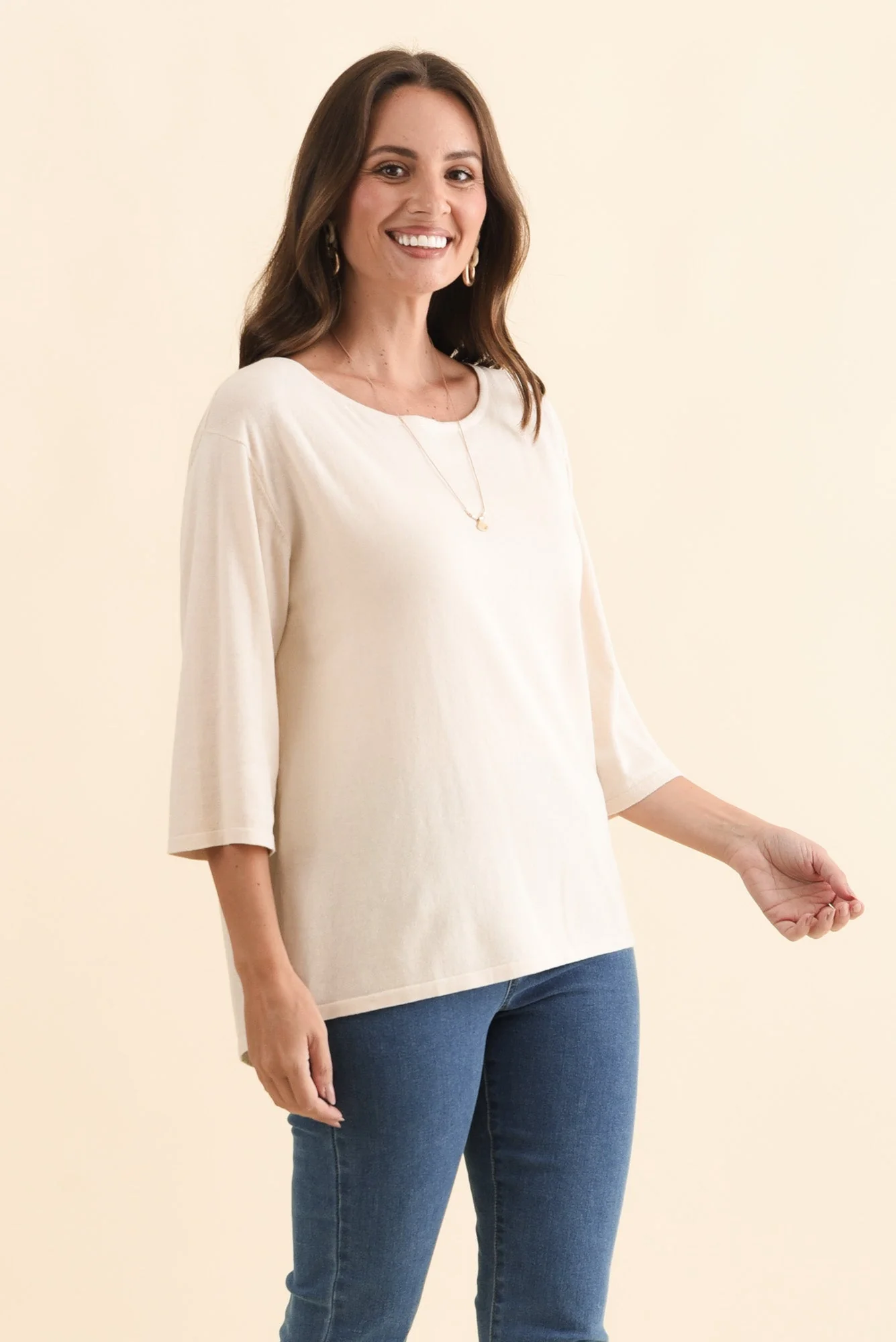 Liberty Beige Cotton Knit 3/4 Sleeve Top - Image 4