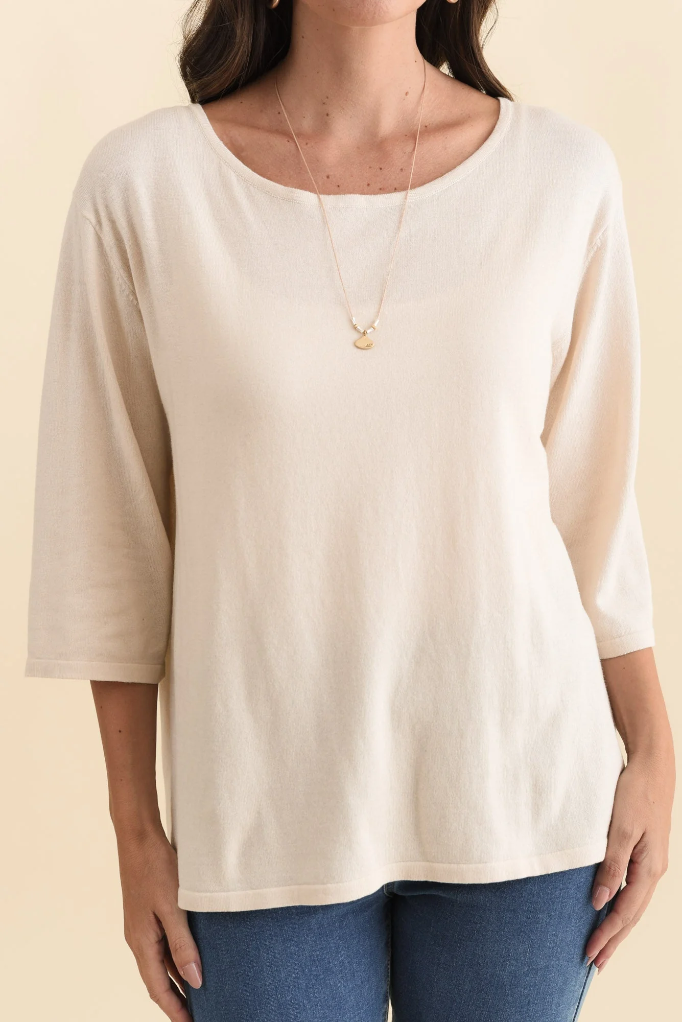 Liberty Beige Cotton Knit 3/4 Sleeve Top - Image 6