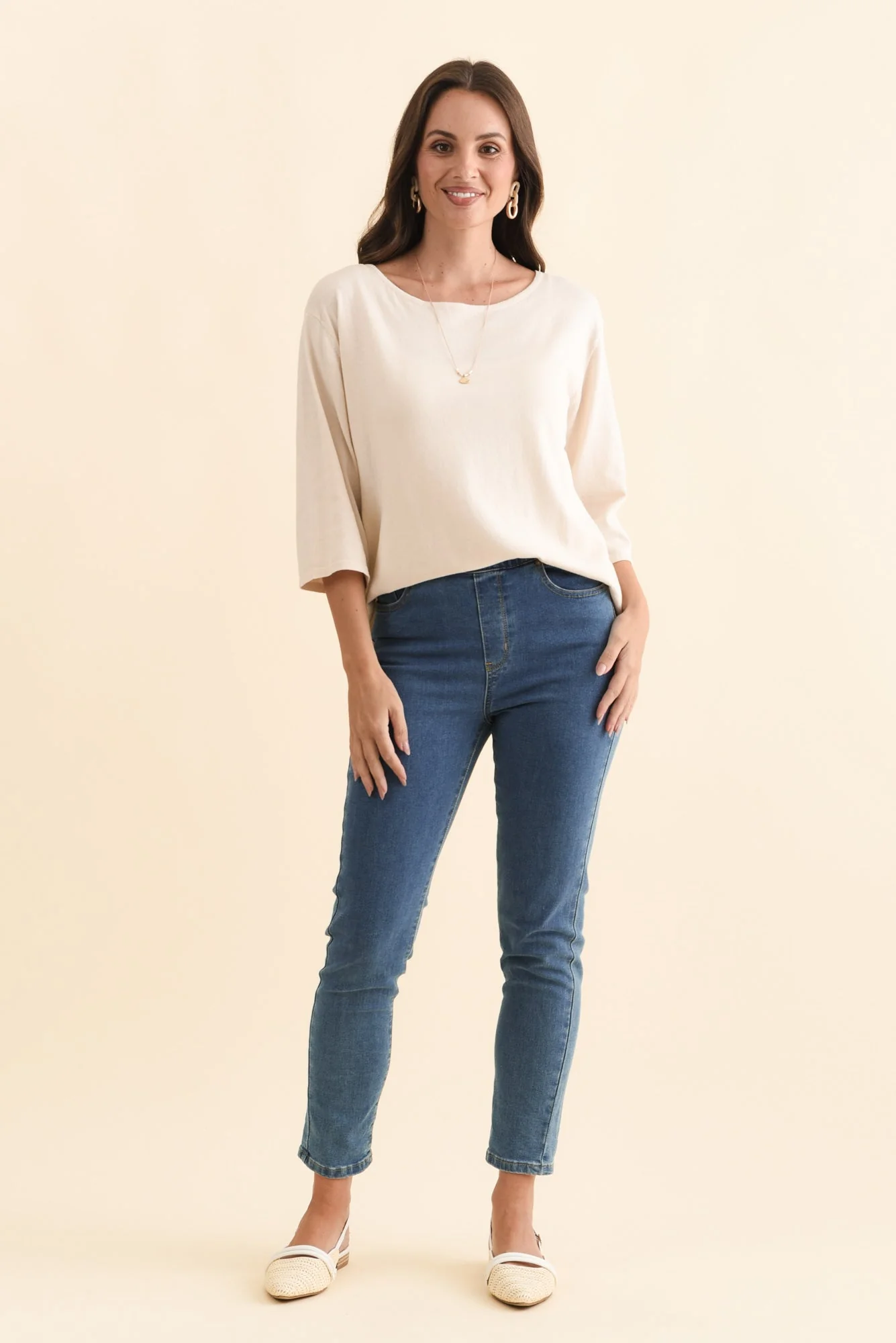 Liberty Beige Cotton Knit 3/4 Sleeve Top - Image 7