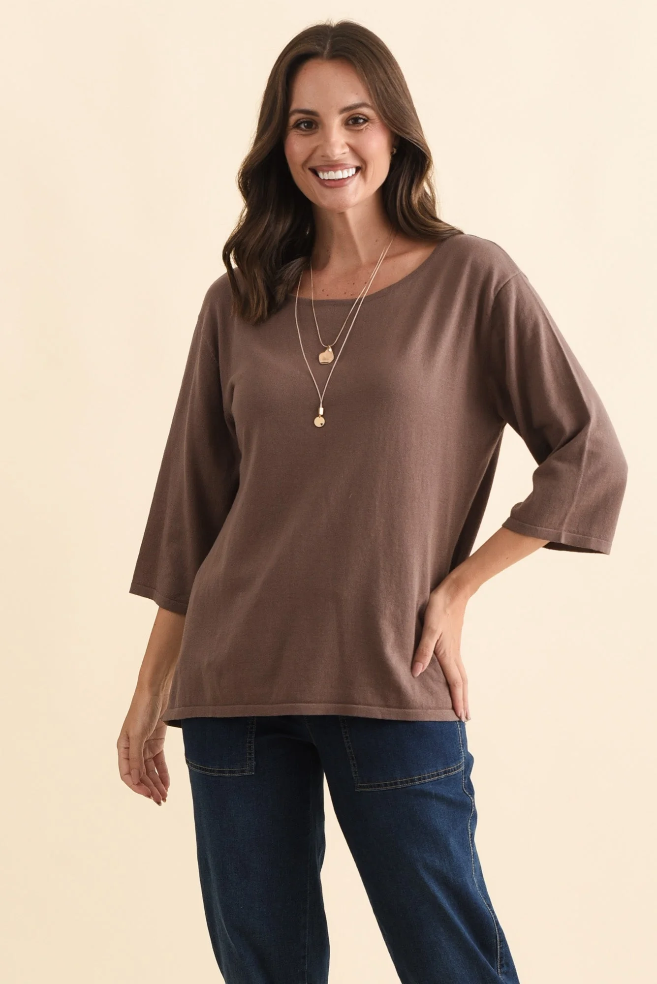Liberty Chocolate Cotton Knit 3/4 Sleeve Top