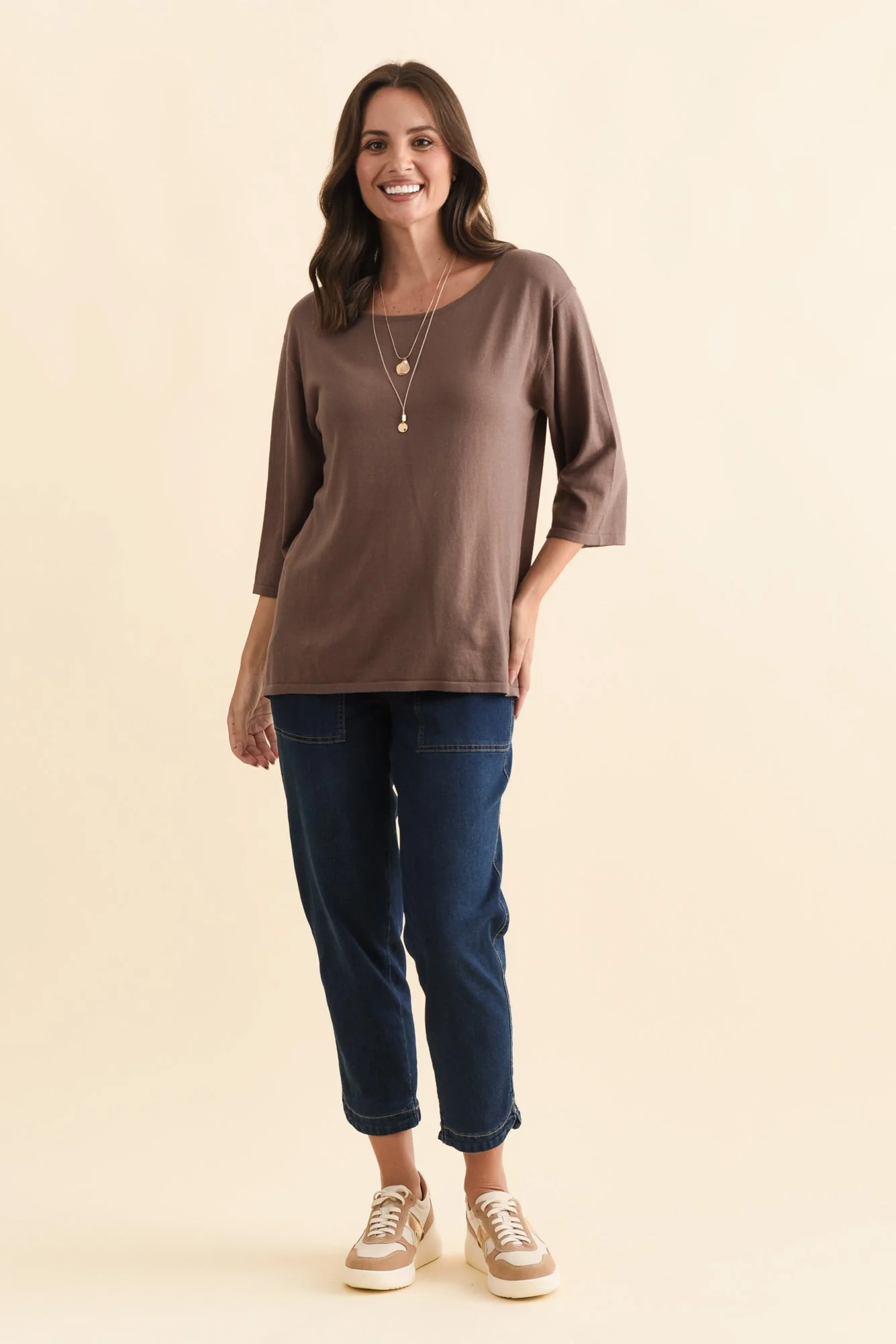 Liberty Chocolate Cotton Knit 3/4 Sleeve Top - Image 2