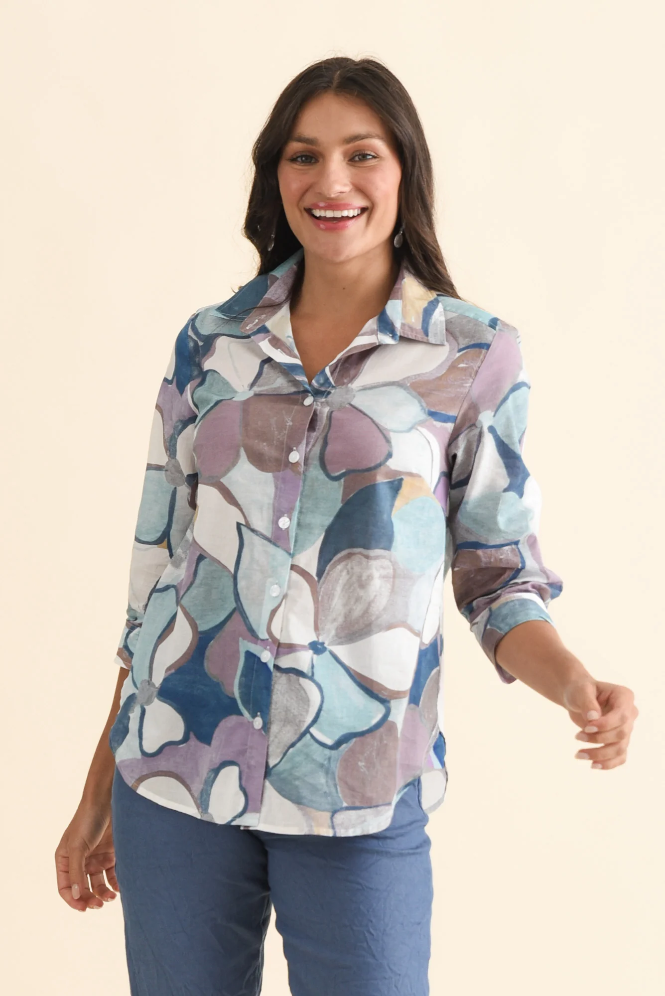 Lilah Blue Flower Cotton 3/4 Sleeved Shirt