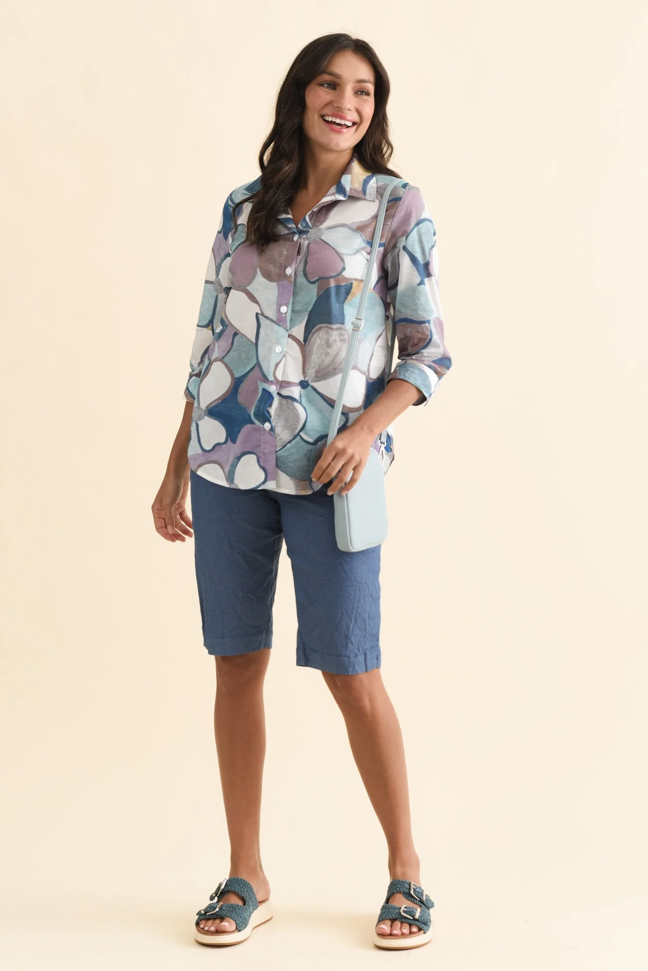 Lilah Blue Flower Cotton 3/4 Sleeved Shirt - Image 2