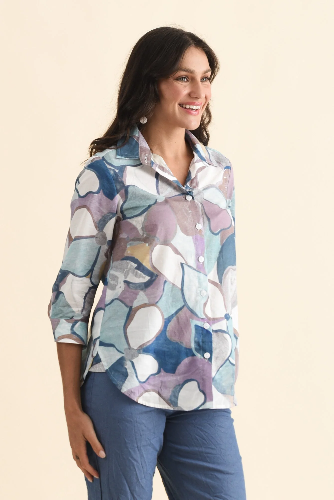 Lilah Blue Flower Cotton 3/4 Sleeved Shirt - Image 3