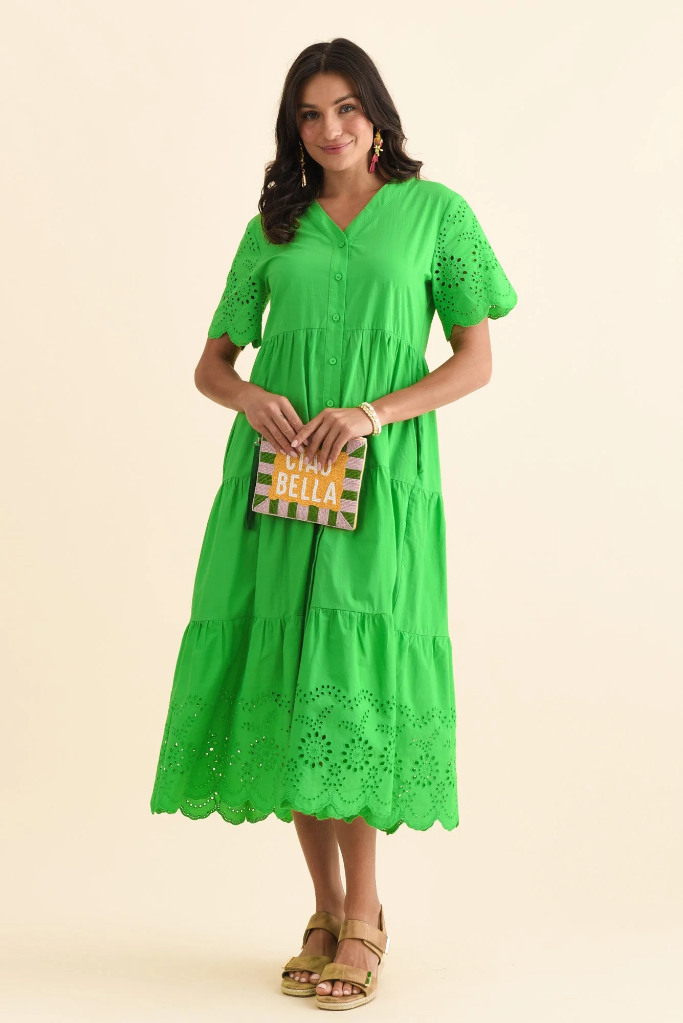 Lilith Green Embroidered Cotton Dress - Image 2