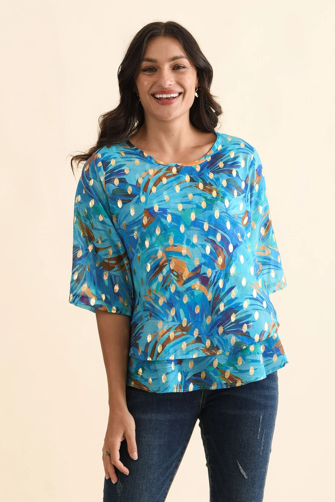 Liora Aqua Burst Foil Layered Top