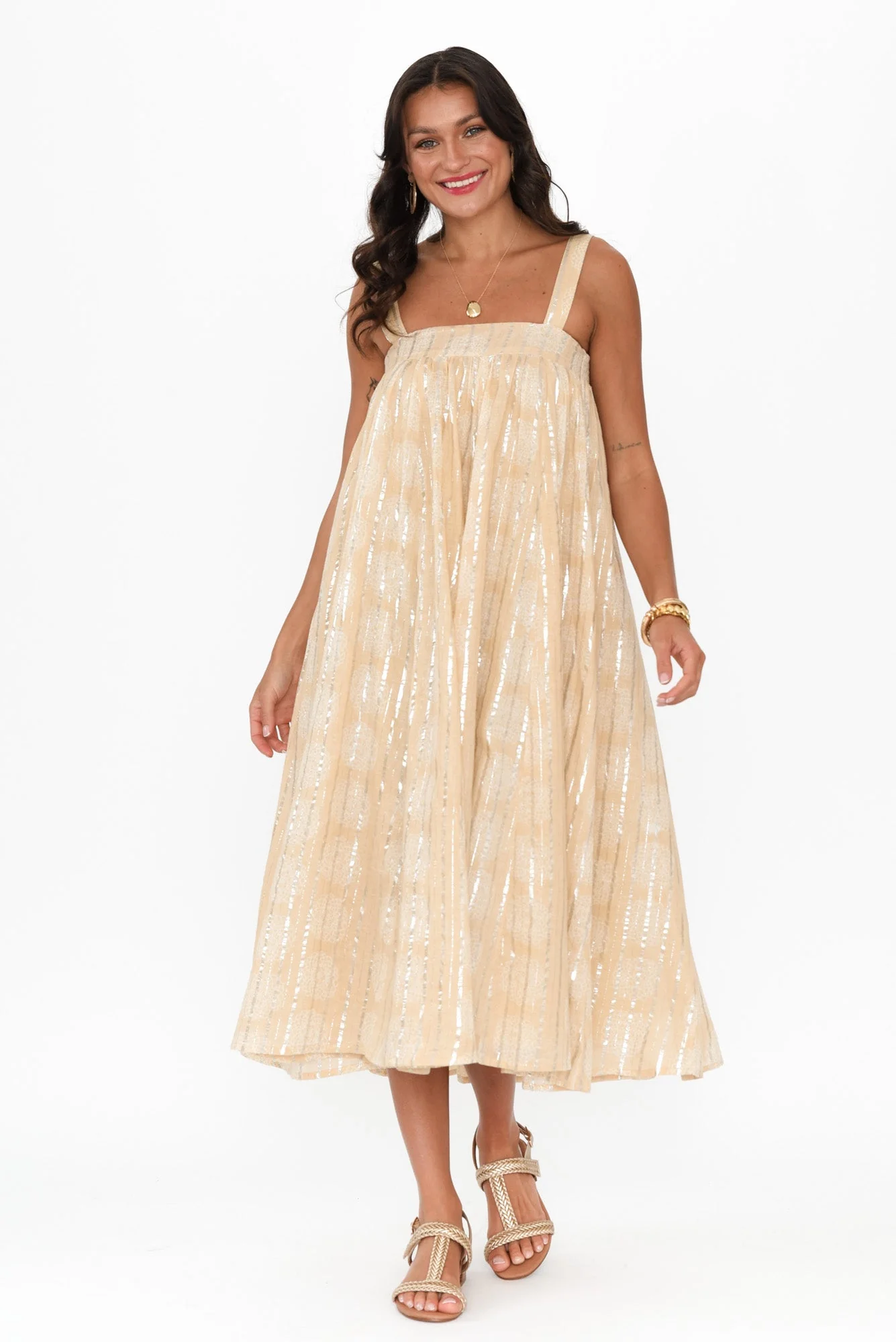 Livvy Beige Stripe Cotton Maxi Dress - Image 6
