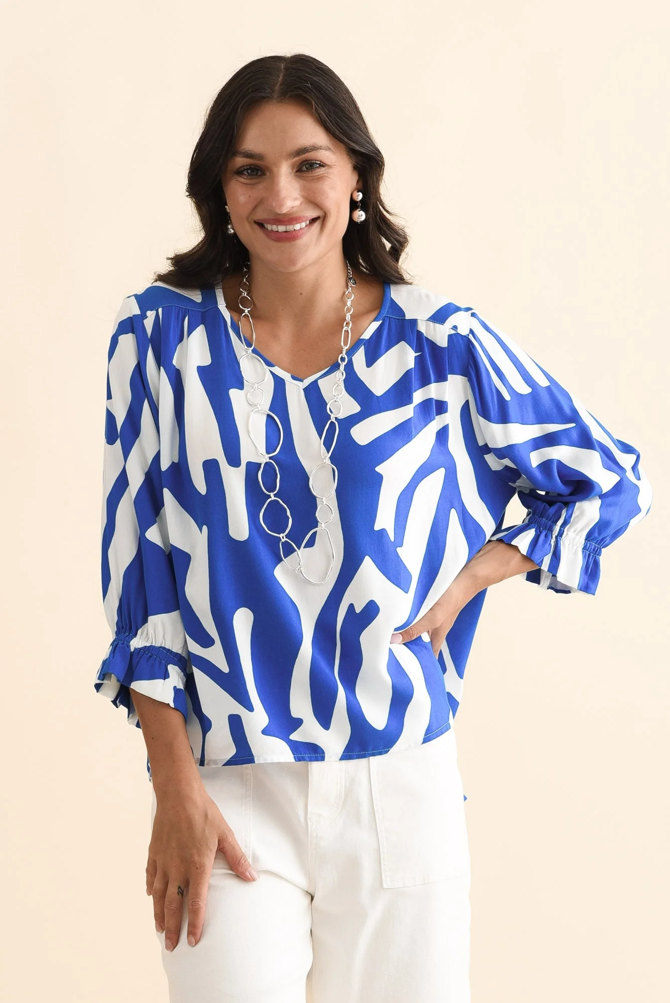 Lourdes Blue Geo Frill Sleeve Top