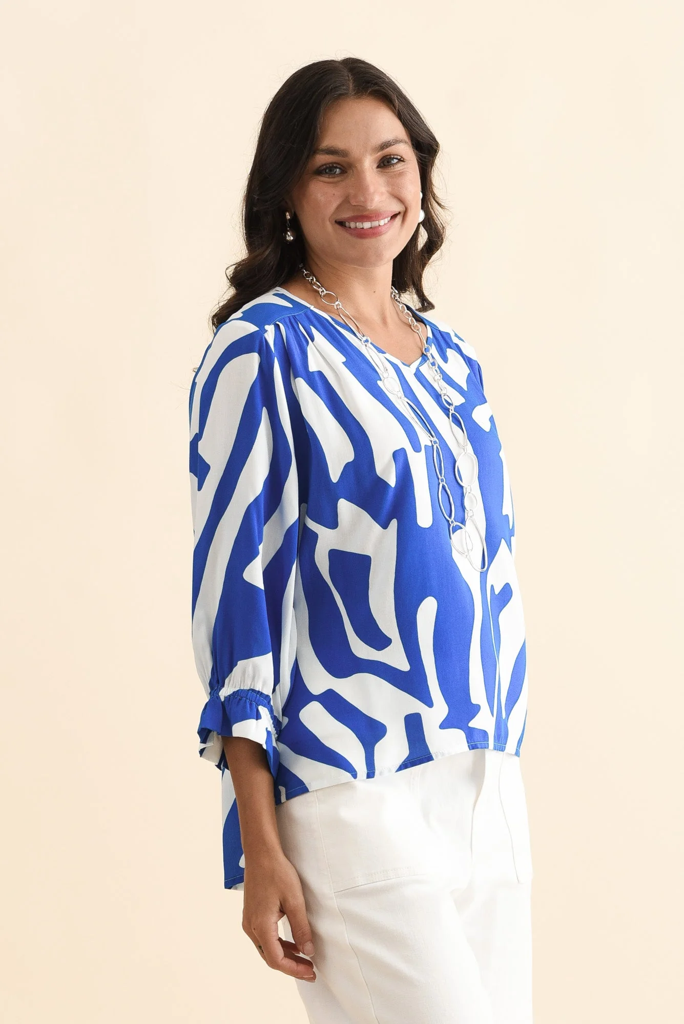 Lourdes Blue Geo Frill Sleeve Top - Image 3