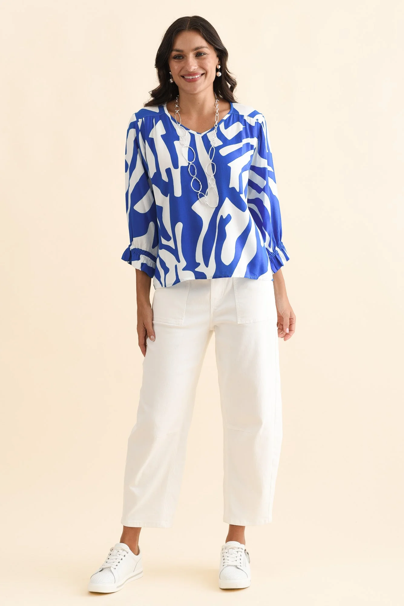 Lourdes Blue Geo Frill Sleeve Top - Image 6