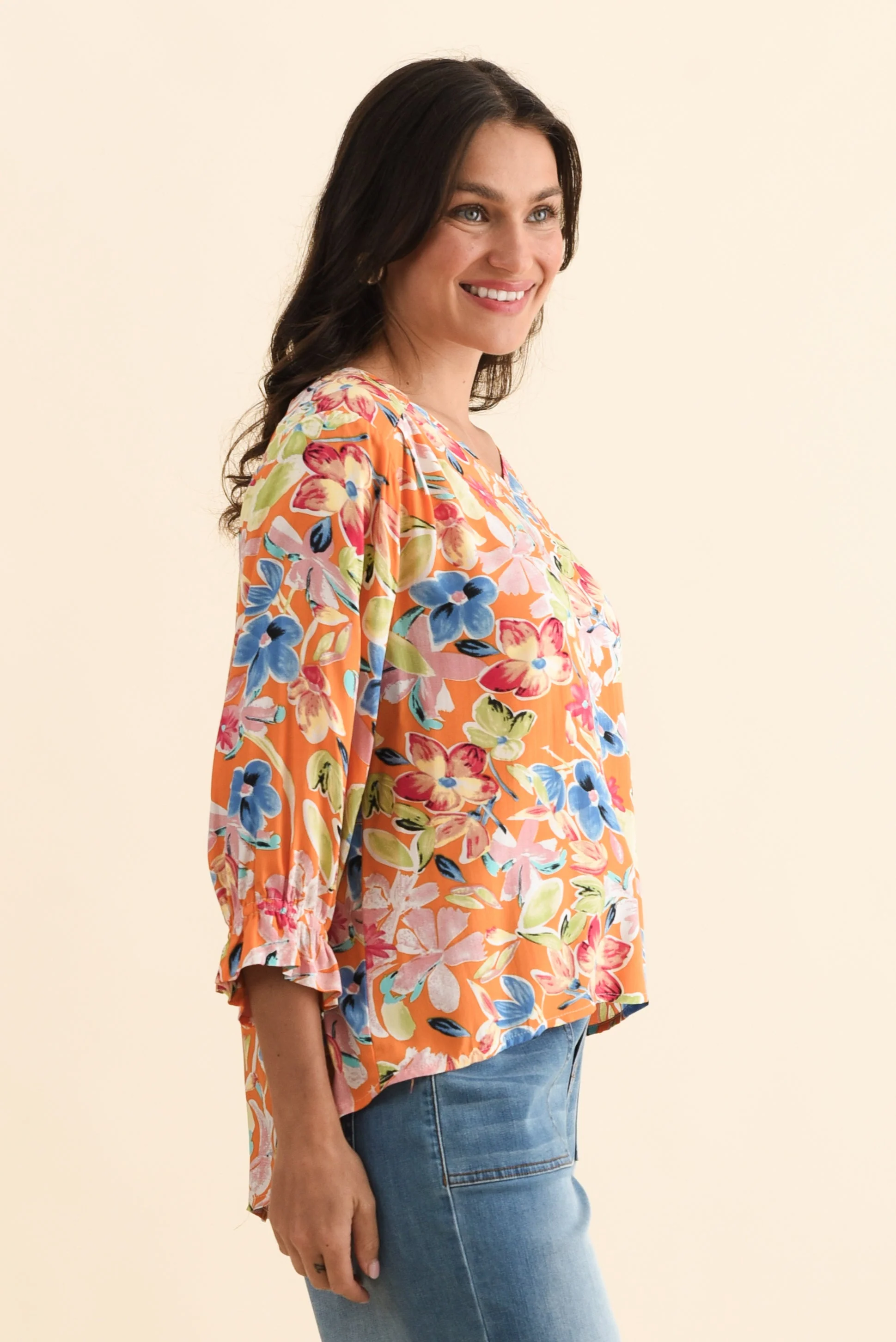 Lourdes Orange Floral Frill Sleeve Top - Image 4