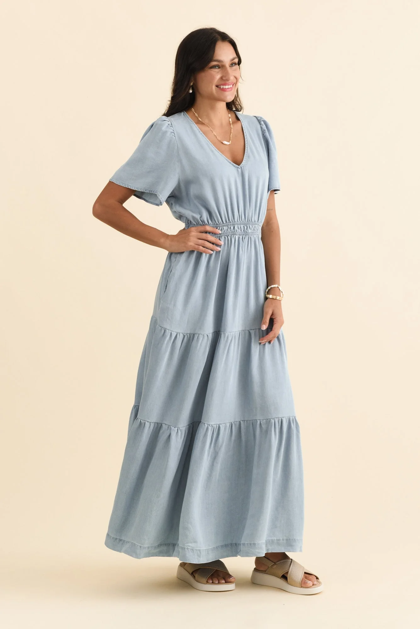 Luca Light Blue Tencel Tier Dress - Image 4