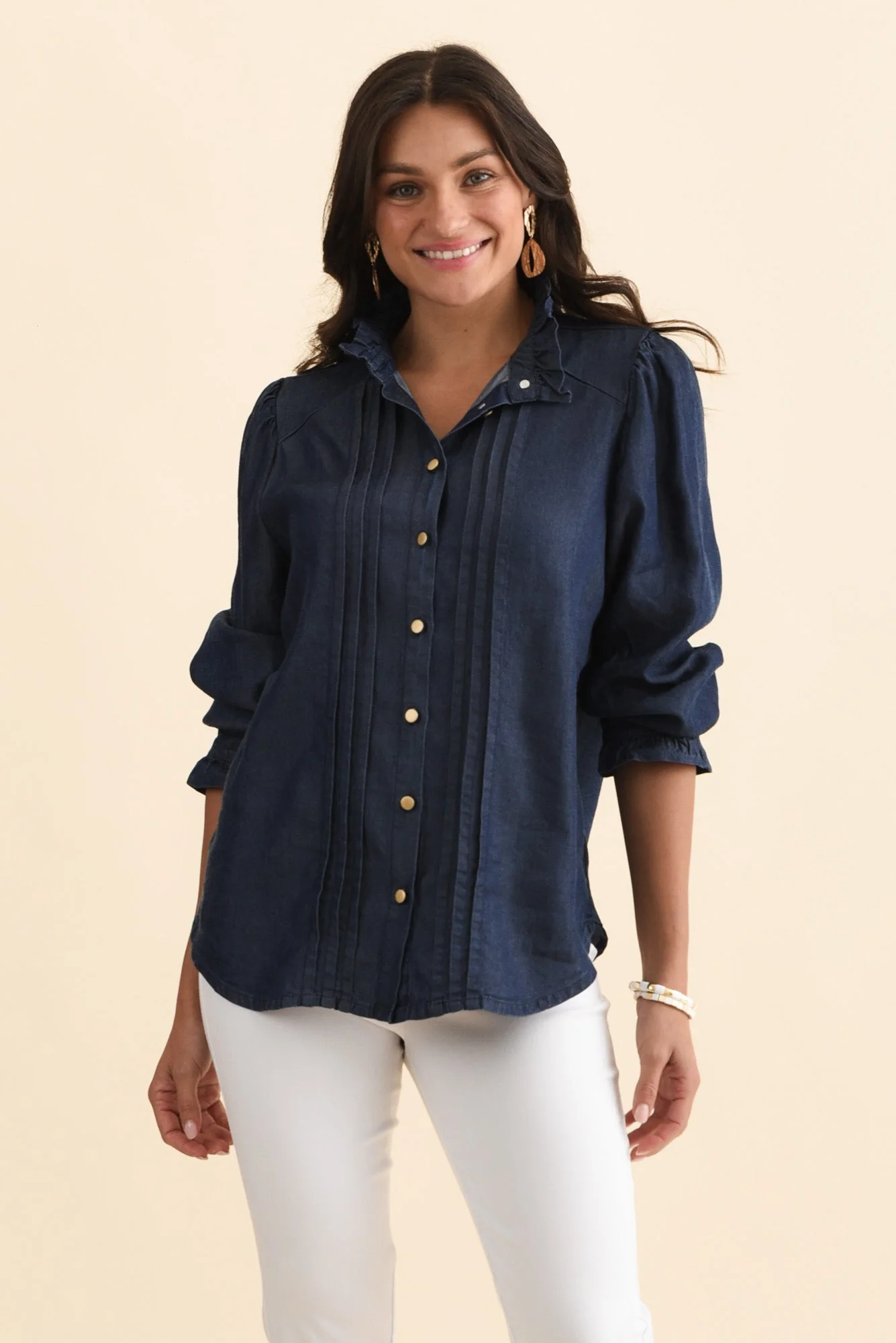 Lucille Dark Blue Lyocell Pleated Shirt