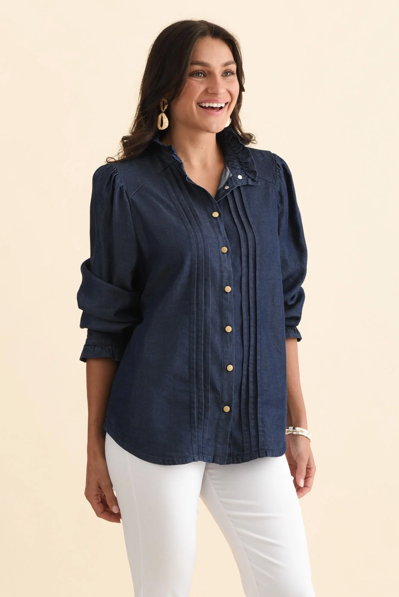 Lucille Dark Blue Lyocell Pleated Shirt - Image 3
