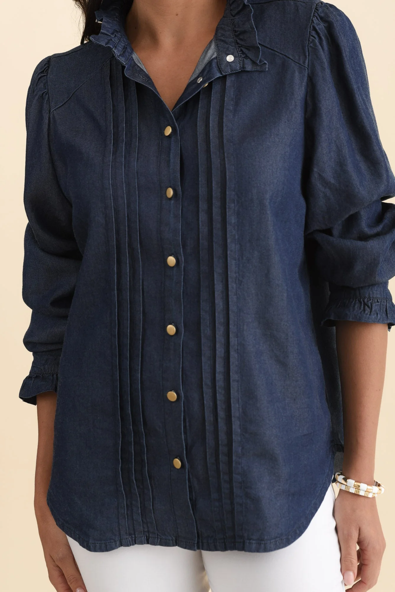 Lucille Dark Blue Lyocell Pleated Shirt - Image 5