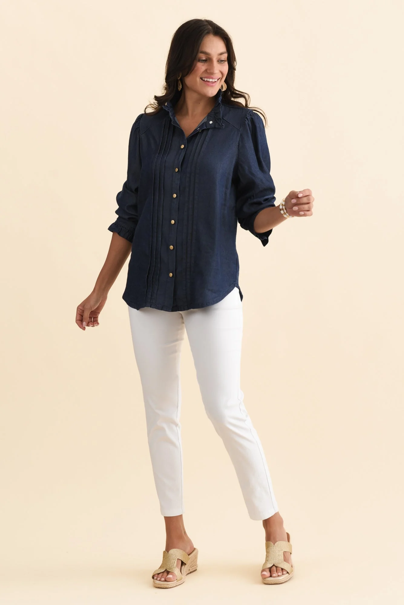 Lucille Dark Blue Lyocell Pleated Shirt - Image 6