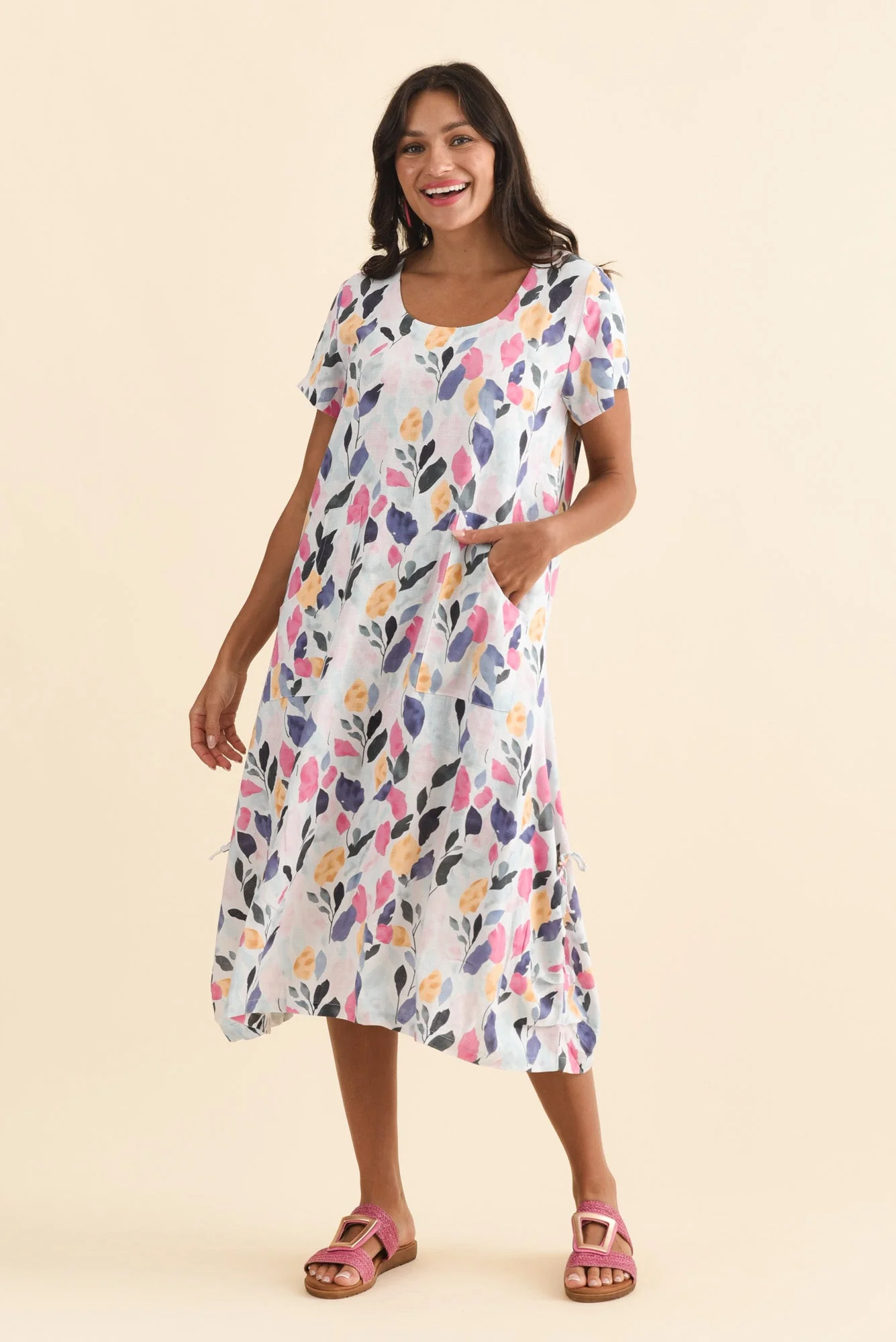 Lula Pink Leaf Linen Cotton Dress