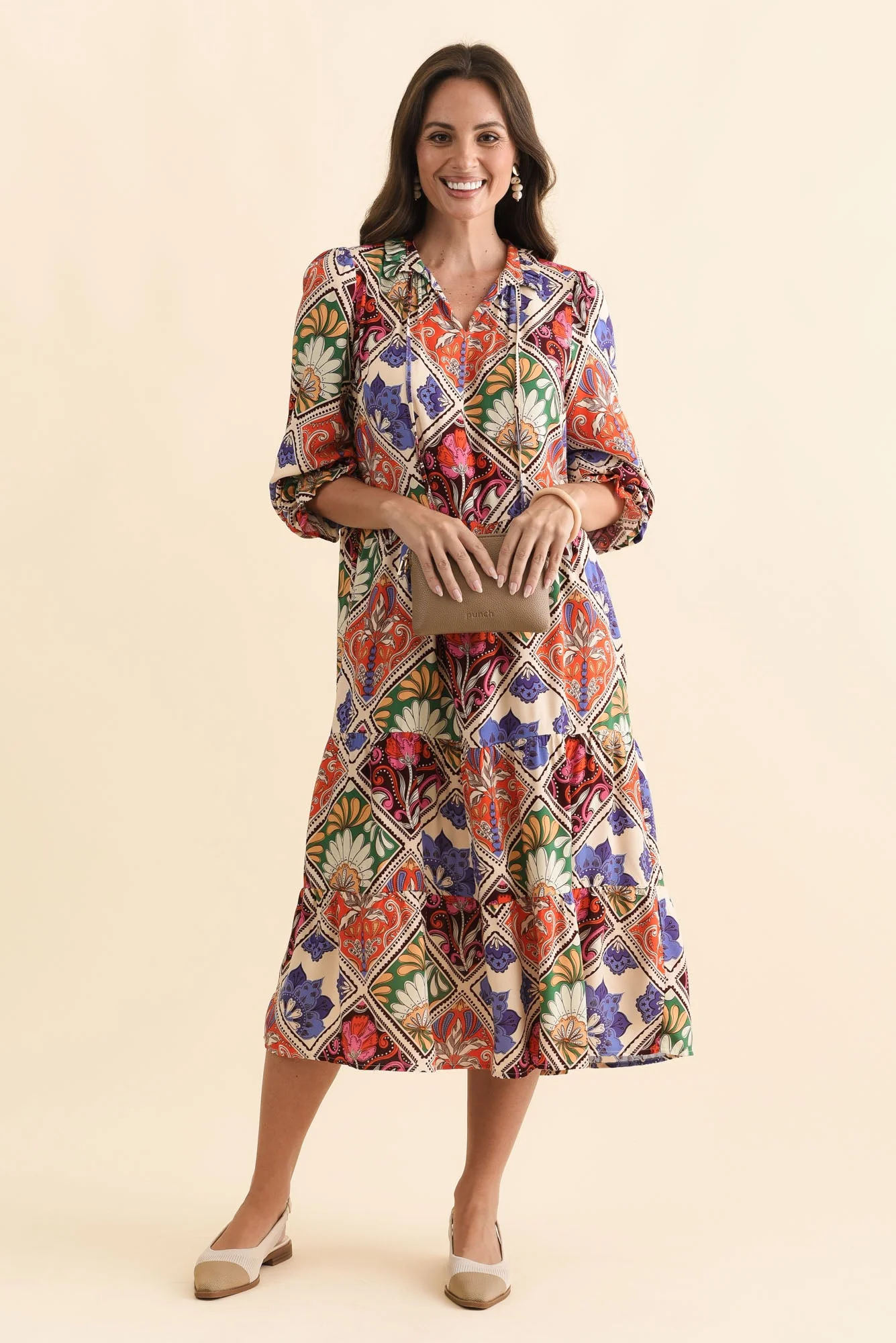 Lyon Orange Tile Sleeved Dress