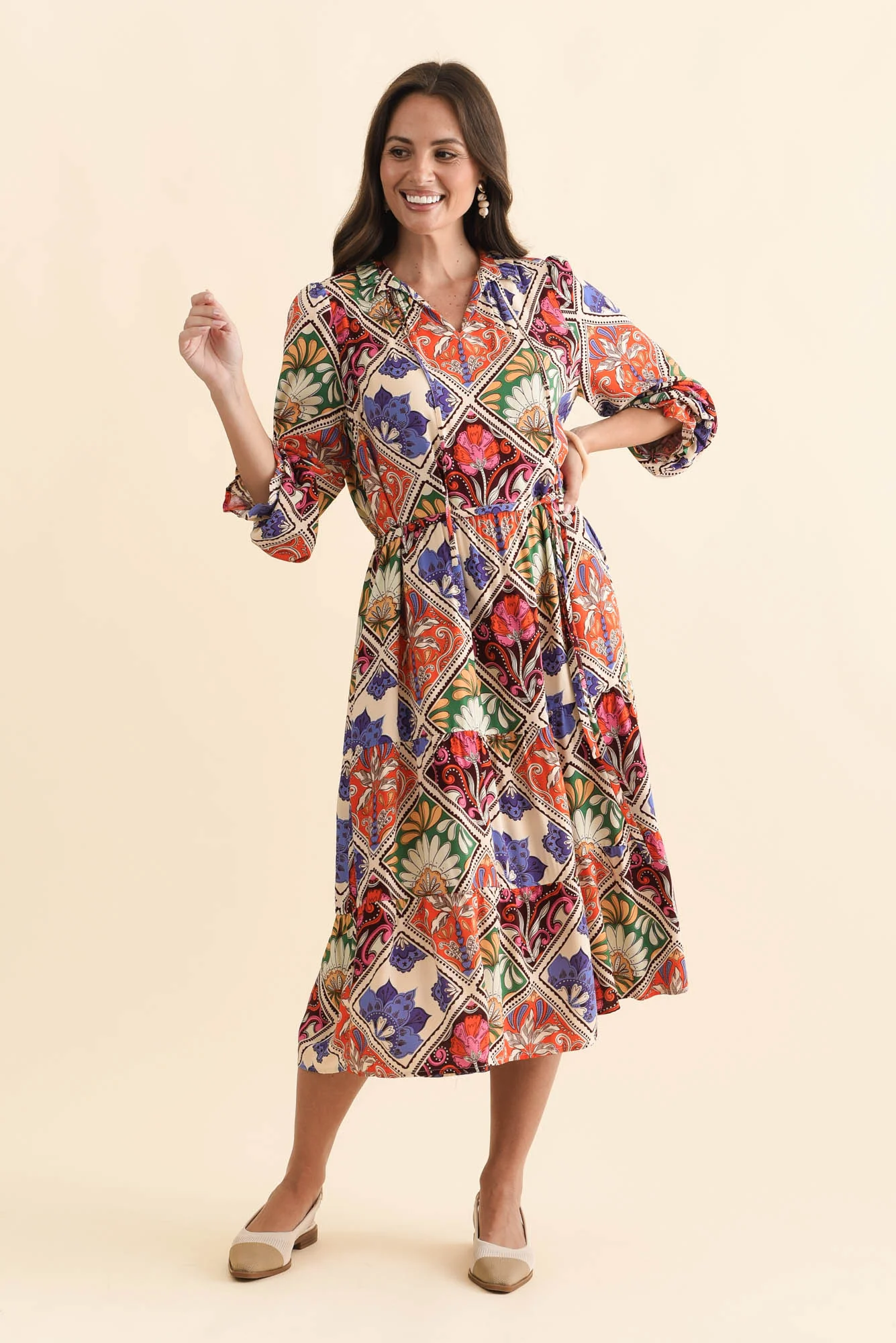 Lyon Orange Tile Sleeved Dress - Image 2