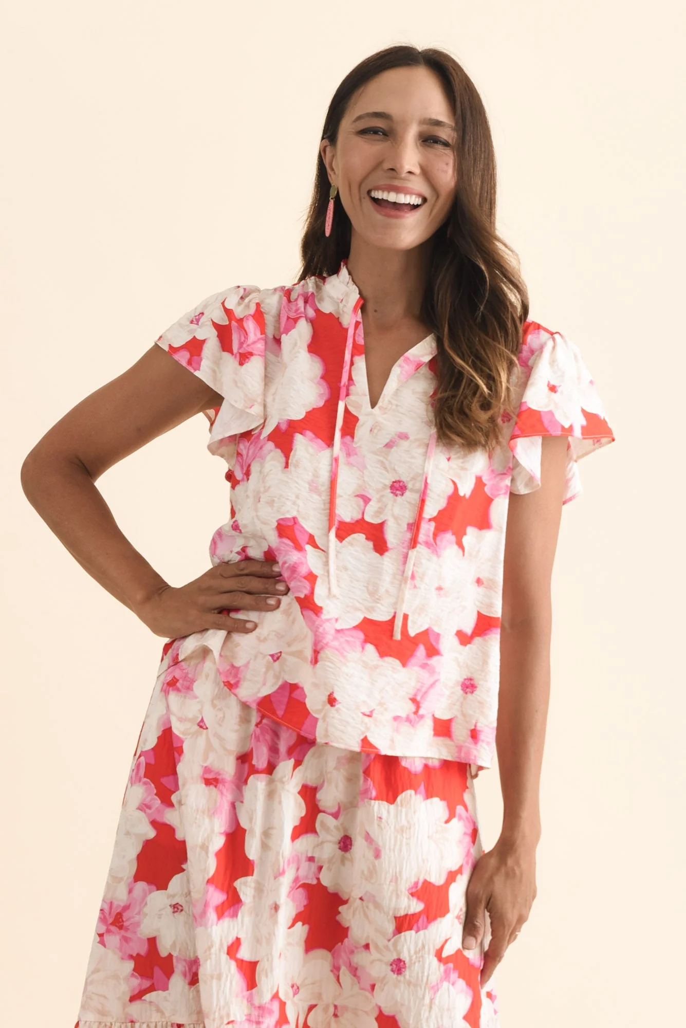 Lyra Red Floral Tie Top